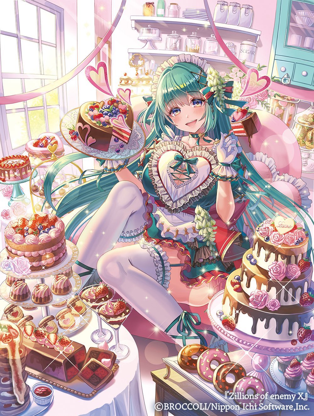 madopen, enju (z/x), z/x, highres, official art, 1girl, breasts, cake, chair, chocolate cake, choker, cleavage cutout, clothing cutout, copyright notice, donut, dress, food, fork, frilled dress, frills, fruit, gloves, green choker, green dress, green hair, hair ornament, hair ribbon, heart, holding, holding fork, holding plate, indoors, large breasts, long hair, maid headdress, on chair, open mouth, plate, purple eyes, ribbon, sitting, solo, strawberry, sweets, table, teeth, thighhighs, upper teeth only, very long hair, white gloves, white thighhighs, window