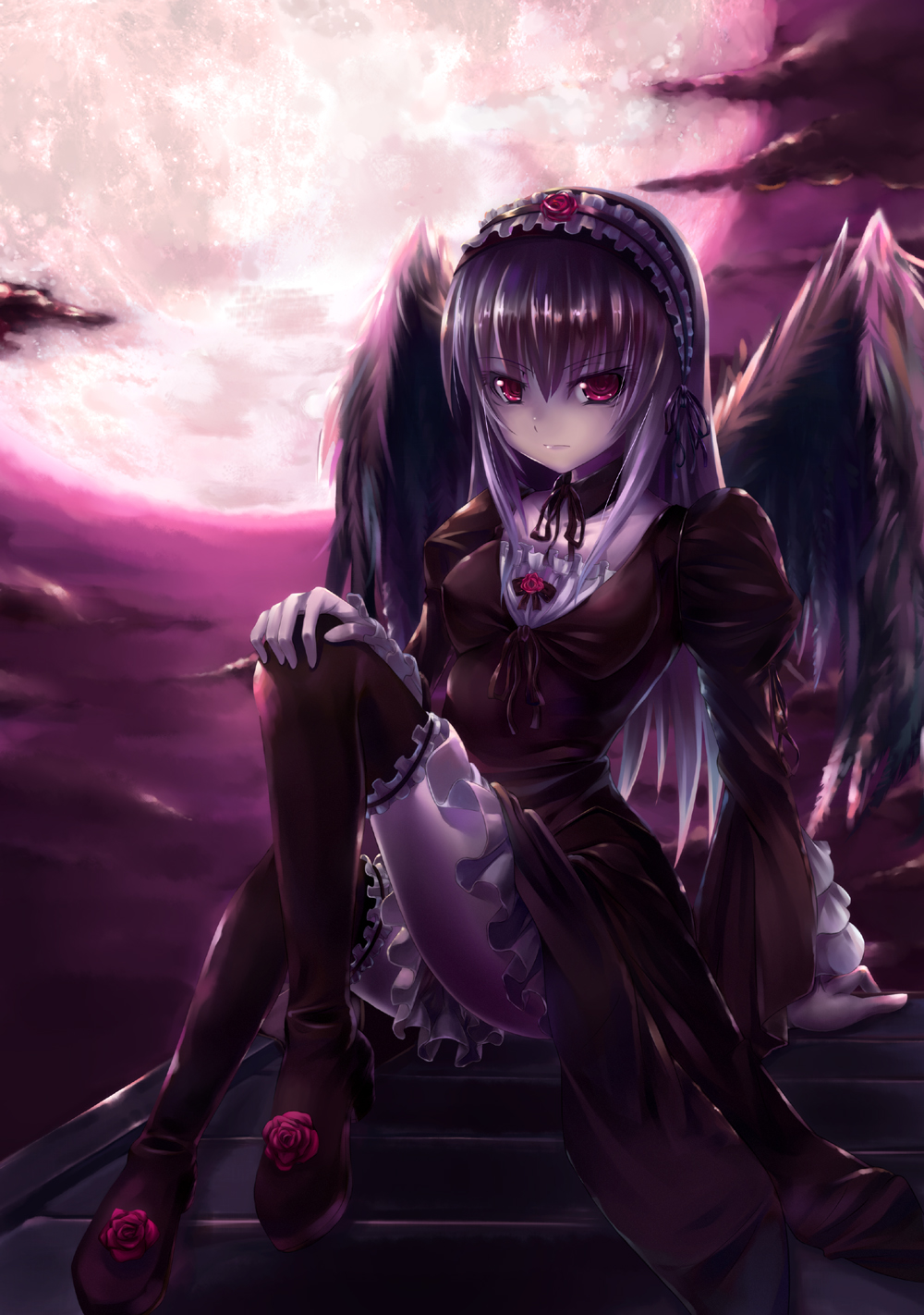 asa (swallowtail), suigintou, rozen maiden, silver hair, highres, 00s, hair between eyes, hairband, long hair, moon, red eyes, sitting, solo, thighhighs, wings