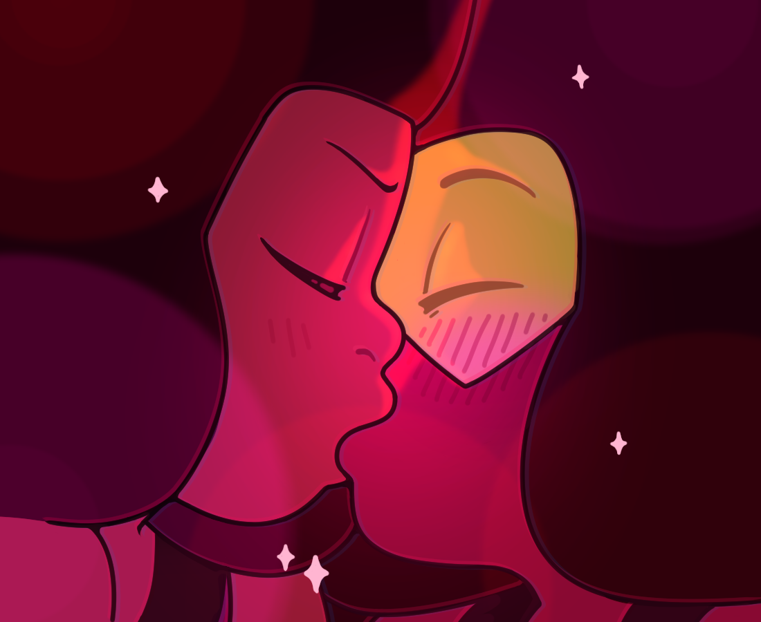 discount-supervillain, doc (steven universe), eyeball (steven universe), steven universe, afro, alien, blush, close-up, closed eyes, colored skin, kiss, red skin, ruby (species) (steven universe), toon (style), yuri