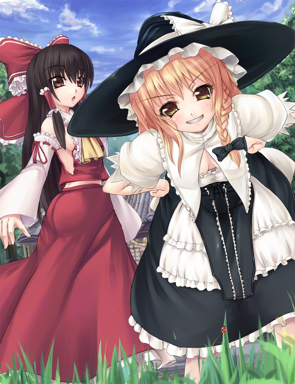 asa (swallowtail), hakurei reimu, kirisame marisa, curiosities of lotus asia, touhou, highres, 2girls, ass, bent over, black hair, blonde hair, bow, braid, breasts, brown eyes, bug, cleavage, detached sleeves, female focus, grin, hair bow, hair ribbon, hands on own hips, hat, japanese clothes, ladybug, long hair, miko, multiple girls, ribbon, small breasts, smile, witch, witch hat, yellow eyes