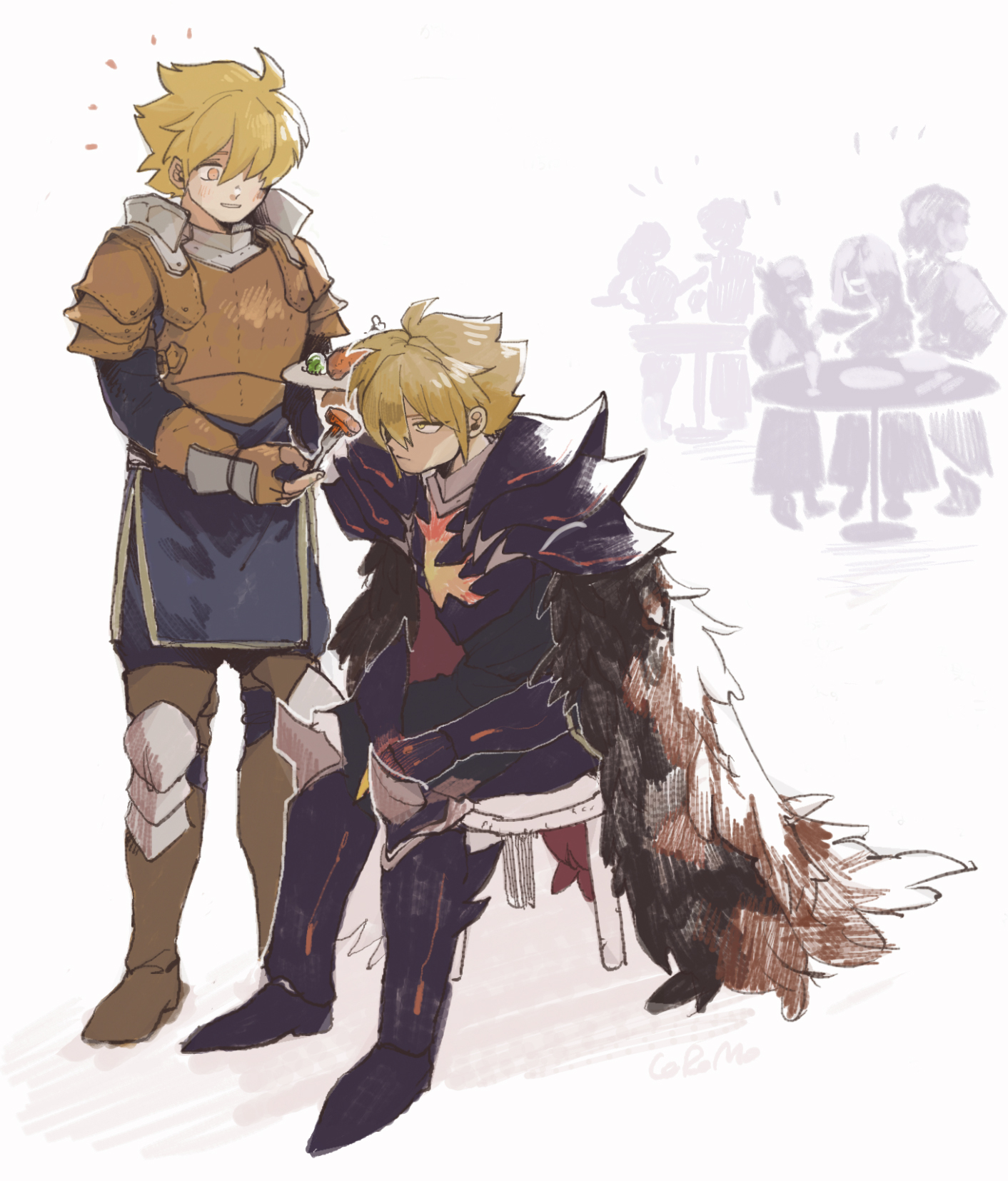 demon king odio, oersted, live a live, highres, armor, black armor, black boots, black gloves, black shirt, blonde hair, boots, breastplate, brown boots, brown gloves, cloak, dual persona, fingerless gloves, food, fork, full body, fur cloak, gloves, hair between eyes, hair over one eye, holding, holding food, holding fork, knee pads, leather armor, looking at viewer, male focus, orange eyes, parted lips, sakkuricoromo, shirt, short hair, shoulder armor, smile, white background