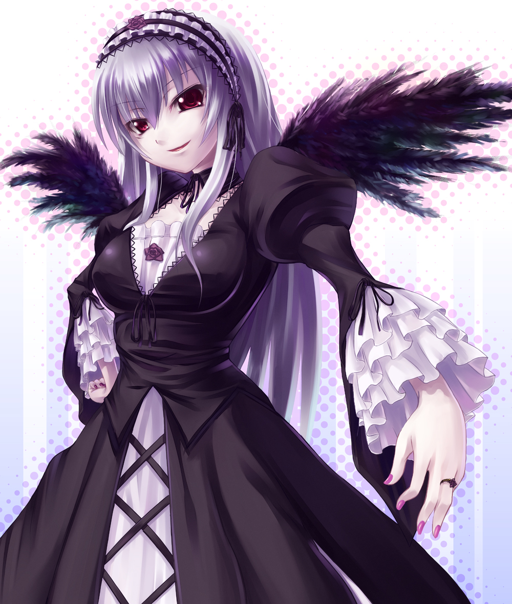 asa (swallowtail), suigintou, rozen maiden, silver hair, 00s, hair between eyes, hairband, jewelry, long hair, red eyes, ring, wings