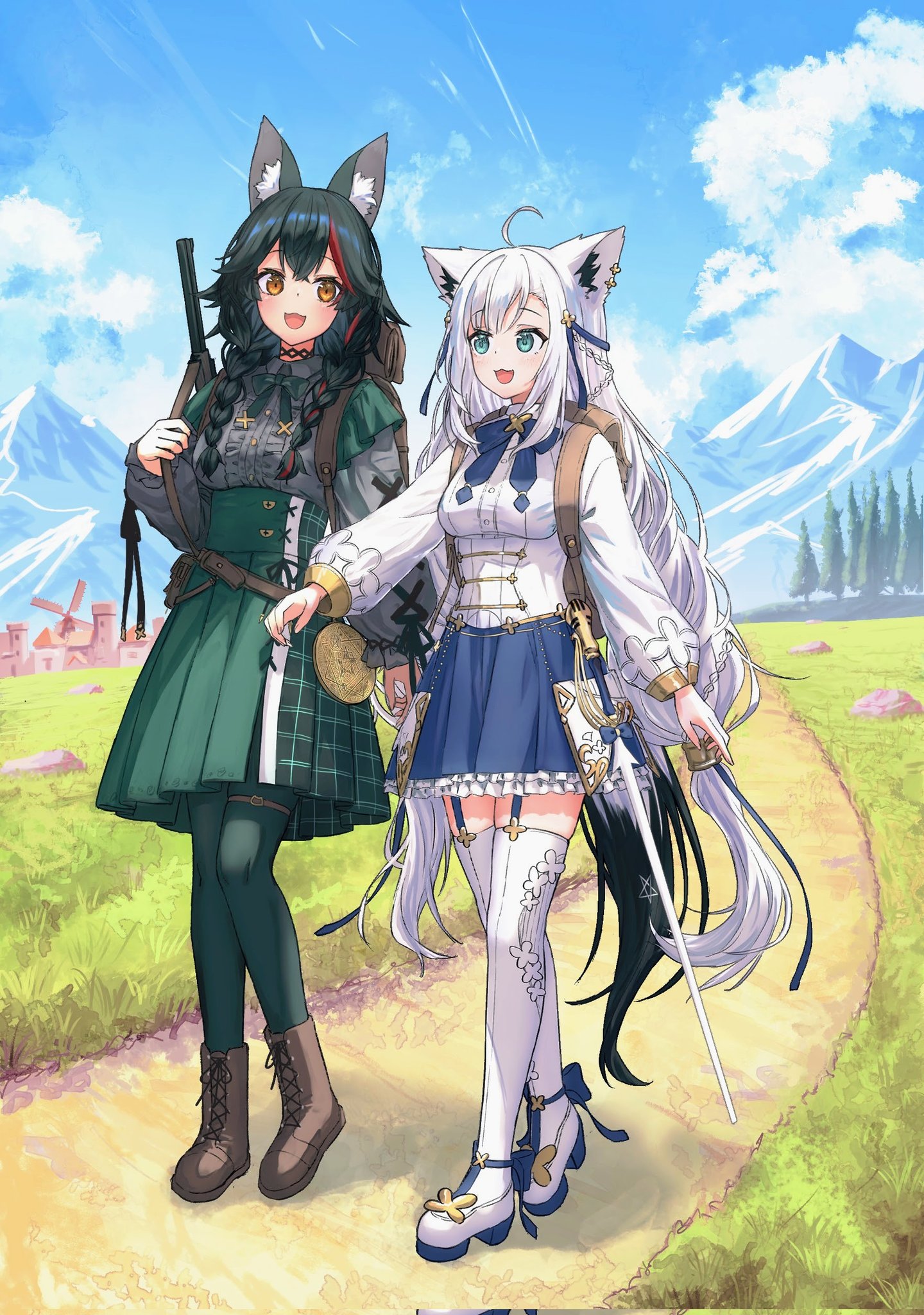 kazuna (minekazuna), ookami mio, ookami mio (8th costume), shirakami fubuki, shirakami fubuki (saint), hololive, commentary request, highres, 2girls, :3, :d, ahoge, animal ear fluff, animal ears, backpack, bag, black hair, blue eyes, blue skirt, blue sky, boots, bow, bowtie, braid, brown boots, brown eyes, cloud, cloudy sky, cross-laced clothes, cross-laced skirt, cross-laced sleeves, day, dirt road, fox ears, fox girl, fox tail, garter straps, grass, green bow, green bowtie, green pantyhose, green skirt, grey shirt, long hair, long sleeves, looking at another, low-tied long hair, mountainous horizon, multicolored hair, multiple girls, open mouth, outdoors, pantyhose, platform shoes, pleated skirt, red hair, road, shirt, shoes, skirt, sky, smile, streaked hair, sword, tail, thighhighs, tree, twin braids, very long hair, walking, weapon, white shirt, white shoes, white thighhighs, windmill, wolf ears, wolf girl, zettai ryouiki