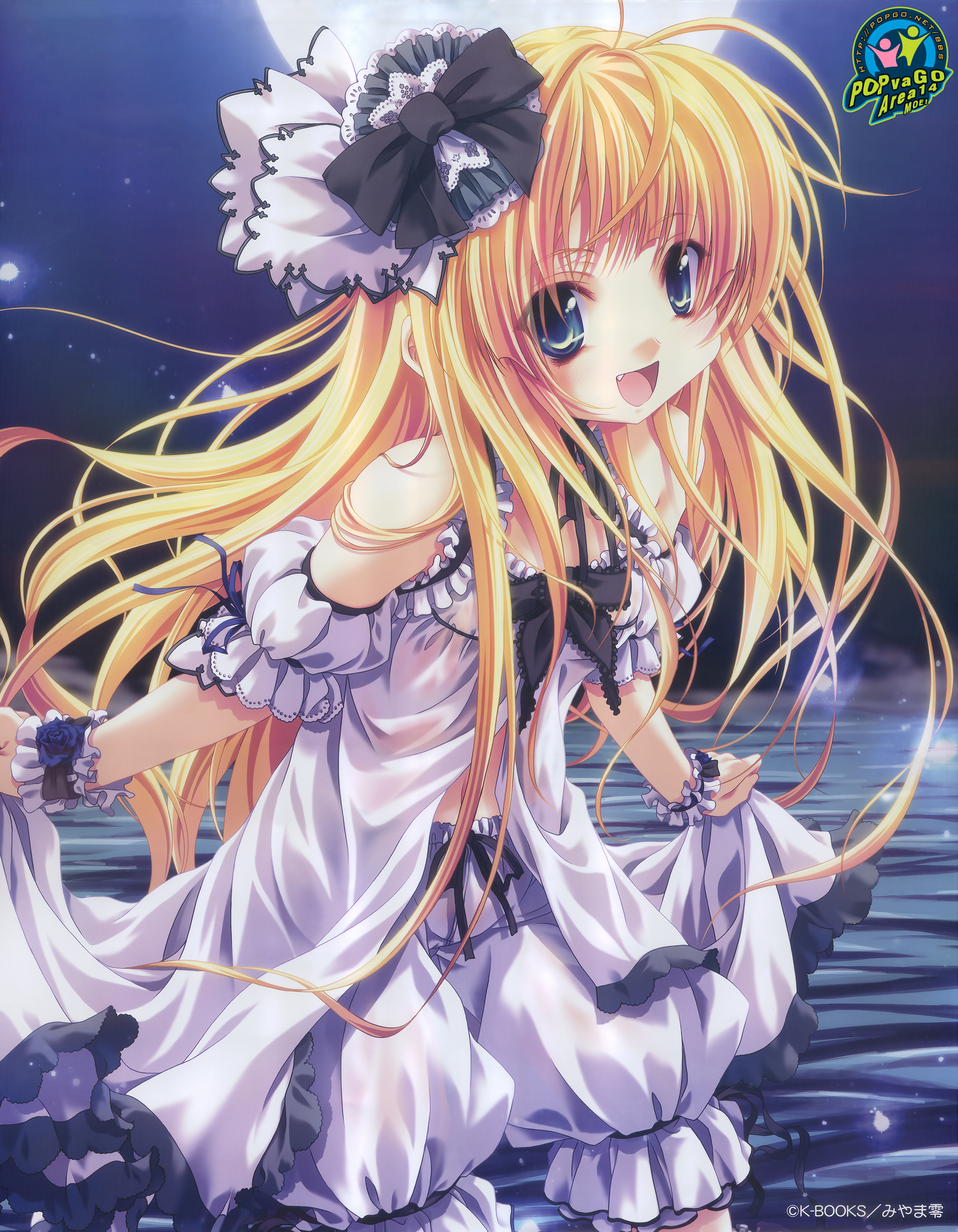 miyama-zero, absurdres, highres, 1girl, blonde hair, bloomers, blue eyes, fang, female focus, flat chest, gothic lolita, lolita fashion, long hair, moon, ribbon, solo, underwear, very long hair, white bloomers