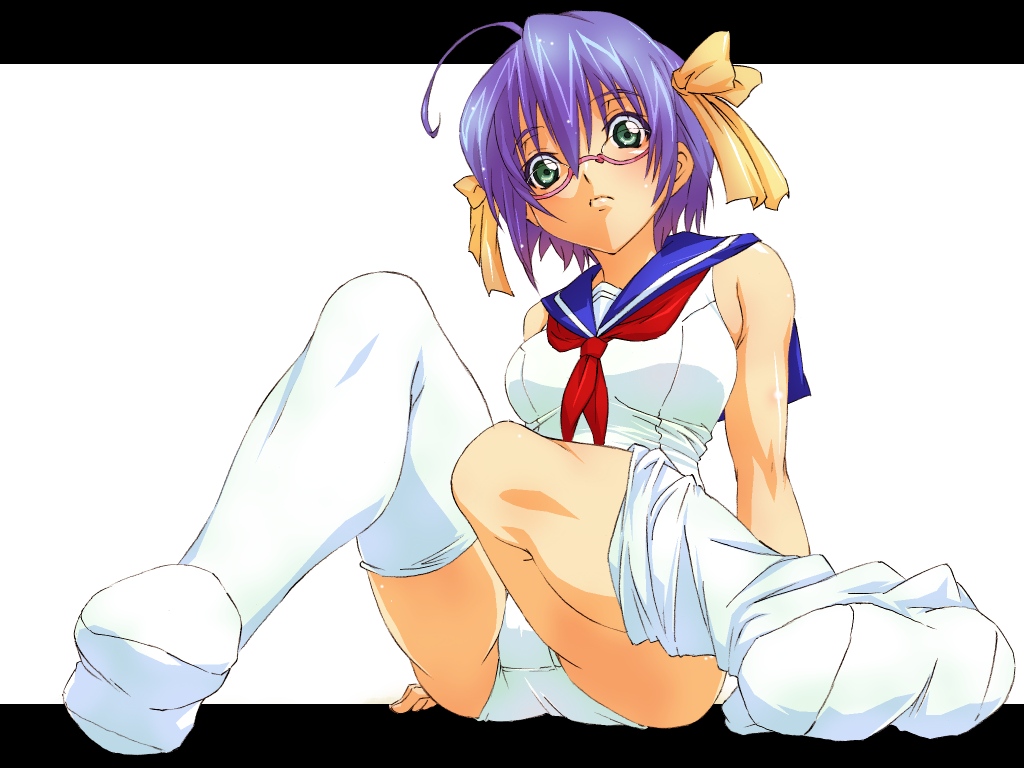 haruka shiya, miyazaki nodoka, mahou sensei negima!, 00s, ahoge, blue hair, glasses, green eyes, hair ribbon, no pants, one-piece swimsuit, ribbon, school swimsuit, sitting, solo, swimsuit, thighhighs, white one-piece swimsuit, white school swimsuit