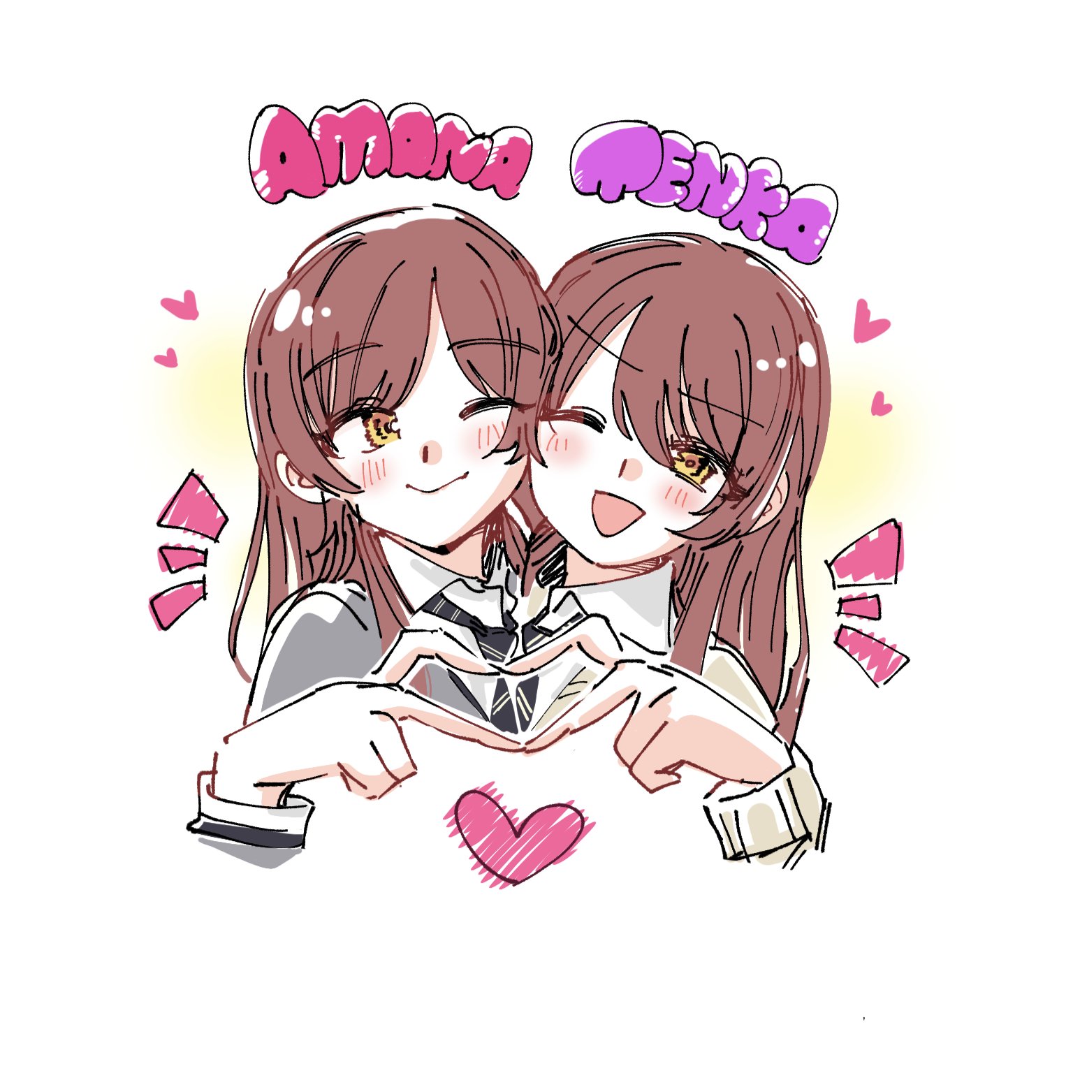 yukamisote, osaki amana, osaki tenka, idolmaster, idolmaster shiny colors, highres, 2girls, blush, brown hair, character name, cheek-to-cheek, cheek press, closed mouth, diagonal-striped clothes, diagonal-striped necktie, four-finger heart hands, grey sweater, hair between eyes, heads together, heart, heart hands, heart hands duo, long hair, long sleeves, looking at another, looking at viewer, multiple girls, necktie, one eye closed, open mouth, siblings, sisters, smile, striped clothes, striped necktie, sweater, swept bangs, twins, yellow eyes, yellow sweater