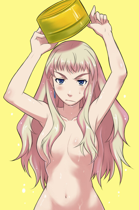 maruto!, sheryl nome, macross, macross frontier, 00s, 1girl, armpits, arms up, blonde hair, blue eyes, censored, convenient censoring, earrings, female focus, hair censor, hair over breasts, jewelry, long hair, nude, out-of-frame censoring, solo, wet