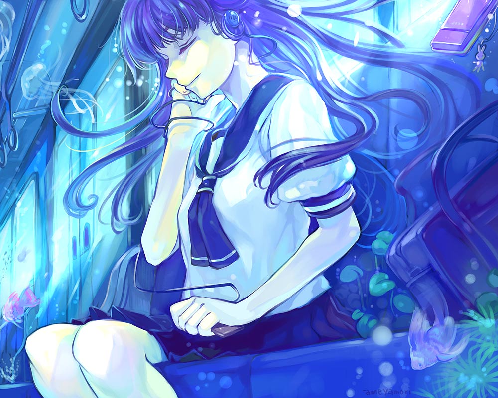ame yamori, original, blue theme, cellphone, closed eyes, fish, headphones, jellyfish, long hair, phone, school uniform, serafuku, sitting, solo, train, train interior, underwater, water