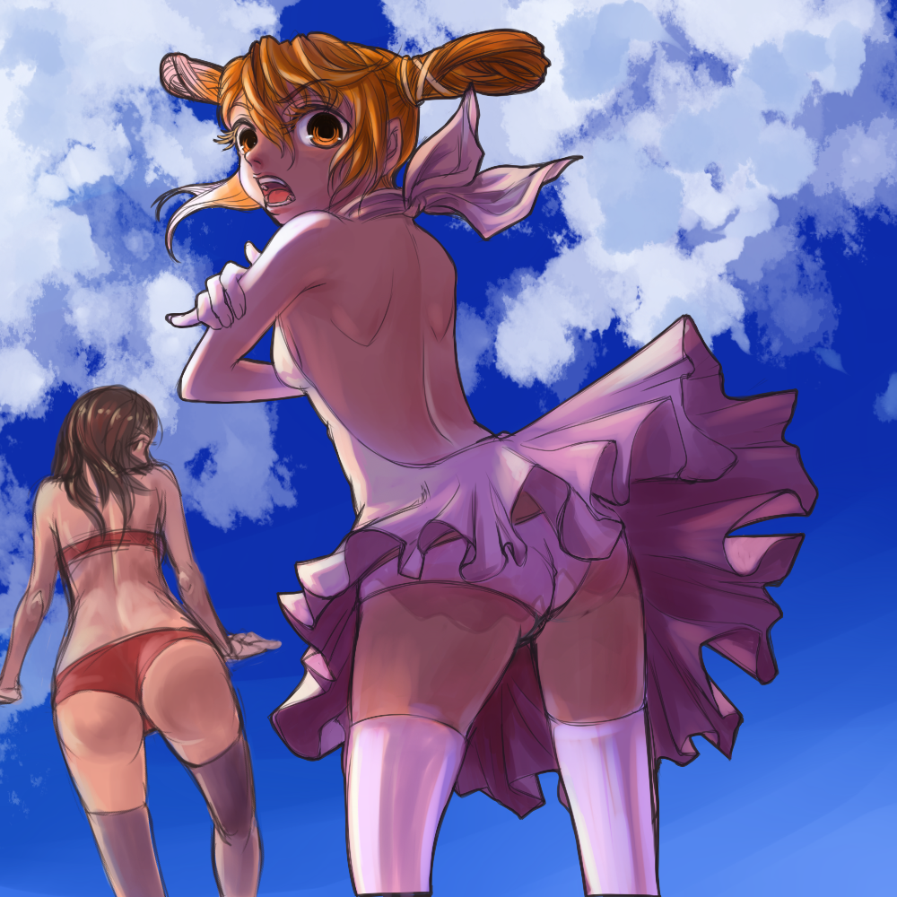 kansou samehada, bad id, bad pixiv id, 2girls, brown hair, day, multiple girls, orange eyes, orange hair, sky, thighhighs, upskirt