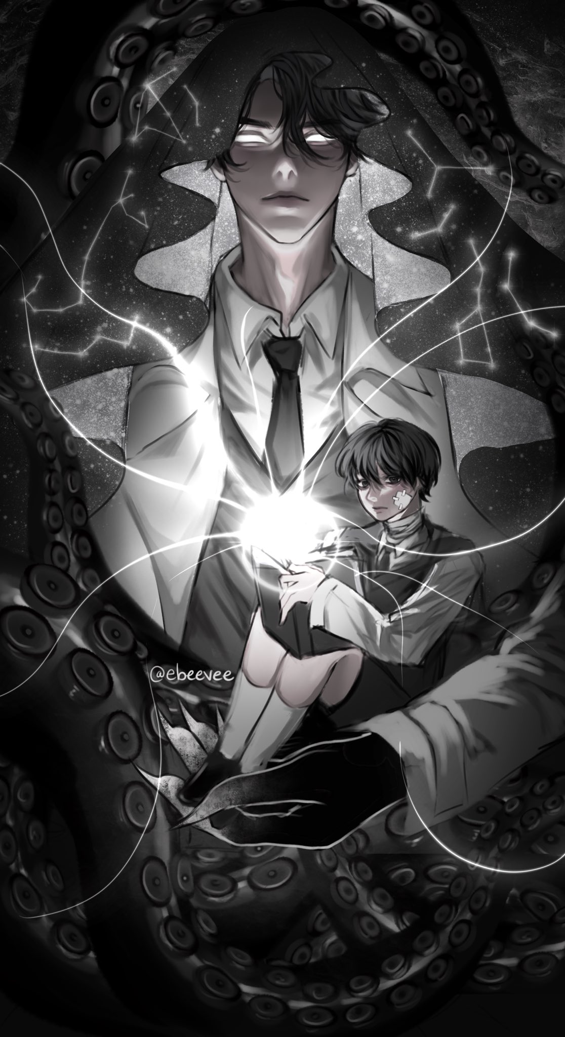 evie (baoxiao), secretive plotter, omniscient reader's viewpoint, highres, 2boys, bags under eyes, bandage on face, bandages, black eyes, black gloves, black hair, black necktie, black vest, book, carrying, carrying person, cloak, coat, collared shirt, constellation print, curled up, fingernails, full body, gloves, glowing, glowing eyes, holding, holding book, hood, hood up, hooded cloak, long fingernails, looking at viewer, male focus, mini person, miniboy, multiple boys, necktie, oldest dream, open book, shirt, short hair, size difference, socks, starry sky print, tentacles, vest, white coat, white shirt, white socks