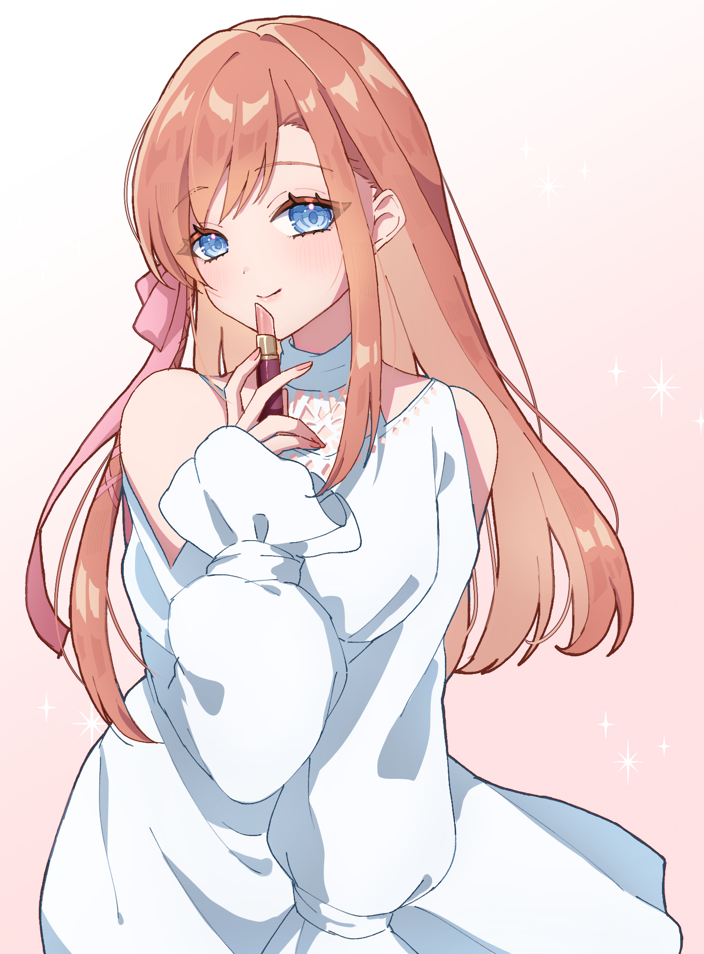 omg3939, ryne waters, final fantasy, final fantasy xiv, highres, 1girl, bare shoulders, blue eyes, colored eyelashes, cosmetics, cowboy shot, dress, gradient background, hair ribbon, holding, holding lipstick tube, light blush, lipstick tube, long hair, looking at viewer, orange hair, pink ribbon, ribbon, sidelocks, smile, solo, white dress