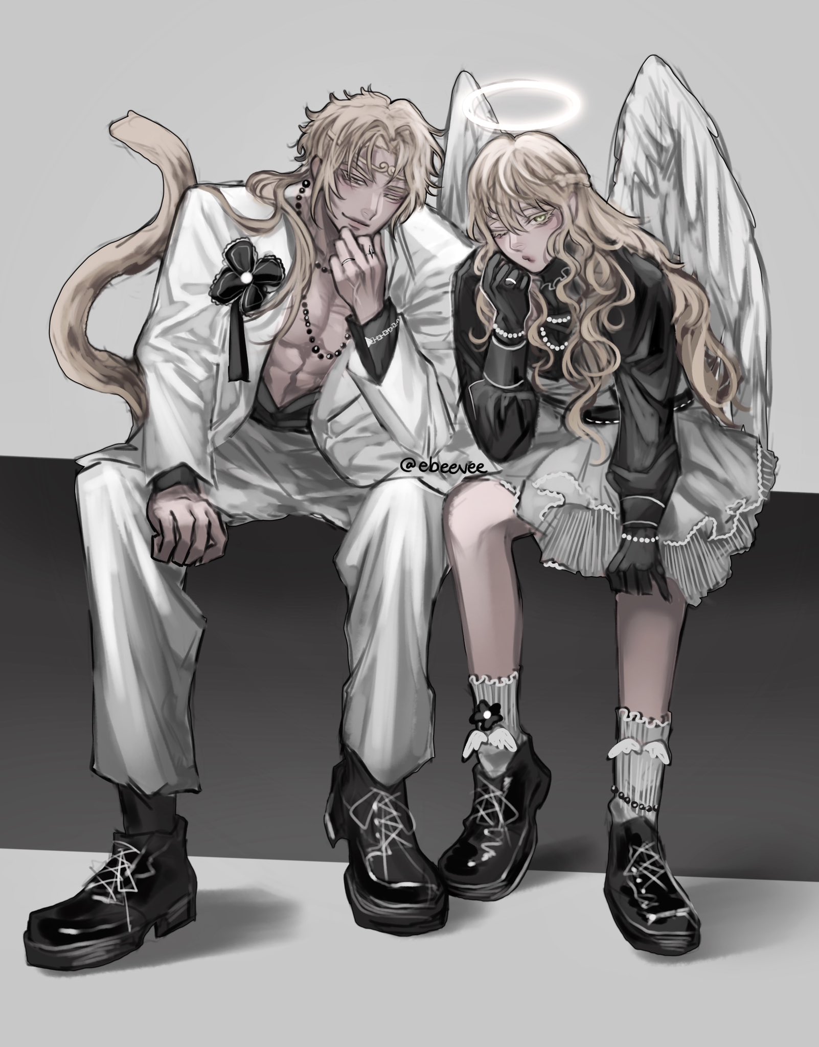 evie (baoxiao), sun wukong (omniscient reader's viewpoint), uriel (omniscient reader's viewpoint), omniscient reader's viewpoint, highres, 1boy, 1girl, abs, black gloves, black shirt, blonde hair, coat, elbows on knees, feathered wings, flower pin, full body, gloves, halo, hand on own chin, headband, implied hetero, jewelry, kemonomimi mode, leaning to the side, long hair, low ponytail, monkey tail, necklace, one eye closed, open clothes, open shirt, pectorals, ponytail, ring, shirt, sitting, skirt, tail, toned, toned male, very long hair, wavy hair, wedding ring, white coat, white skirt, white wings, wings, yellow eyes