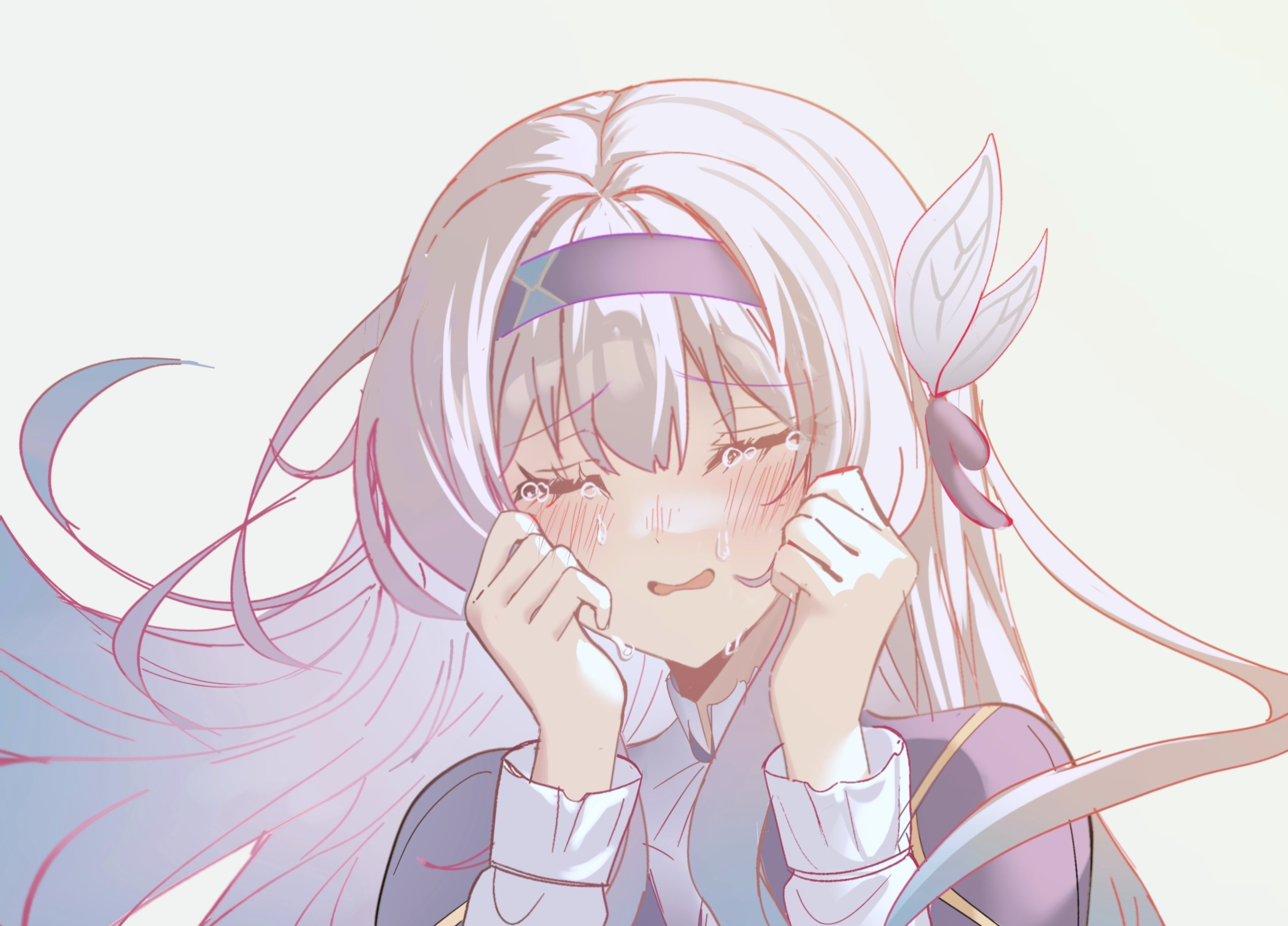 devl ga aru, firefly (honkai: star rail), honkai: star rail, honkai (series), highres, 1girl, black hairband, black ribbon, blush, brown jacket, collared shirt, crying, gradient hair, grey hair, hair between eyes, hair intakes, hair ornament, hair ribbon, hairband, jacket, long hair, long sleeves, multicolored hair, open mouth, ribbon, shirt, solo, white shirt, white sleeves