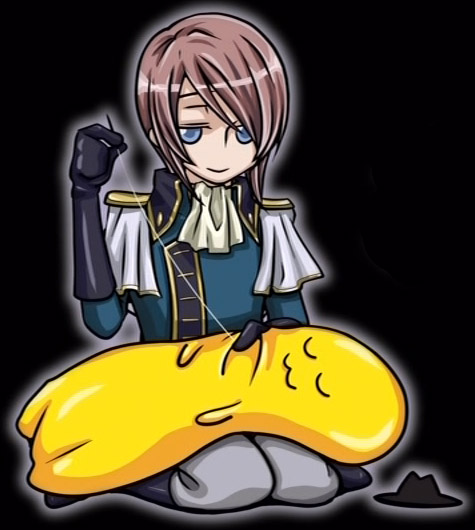 cheese-kun, kannon maldini, kanon maldini, code geass, pizza hut, 00s, 1boy, :3, black background, blue eyes, brown hair, chibi, closed eyes, closed mouth, epaulettes, full body, male focus, military, seiza, simple background, sitting, smile, solo