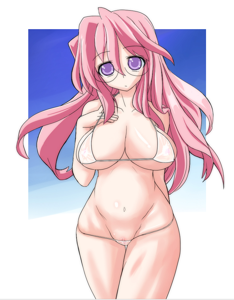 kuroore, takara miyuki, lucky star, 00s, 1girl, bikini, breasts, clitoris slip, female focus, glasses, large breasts, long hair, lowleg, lowleg bikini, micro bikini, pink hair, purple eyes, pussy, pussy peek, see-through clothes, solo, swimsuit, uncensored, white bikini, wide hips