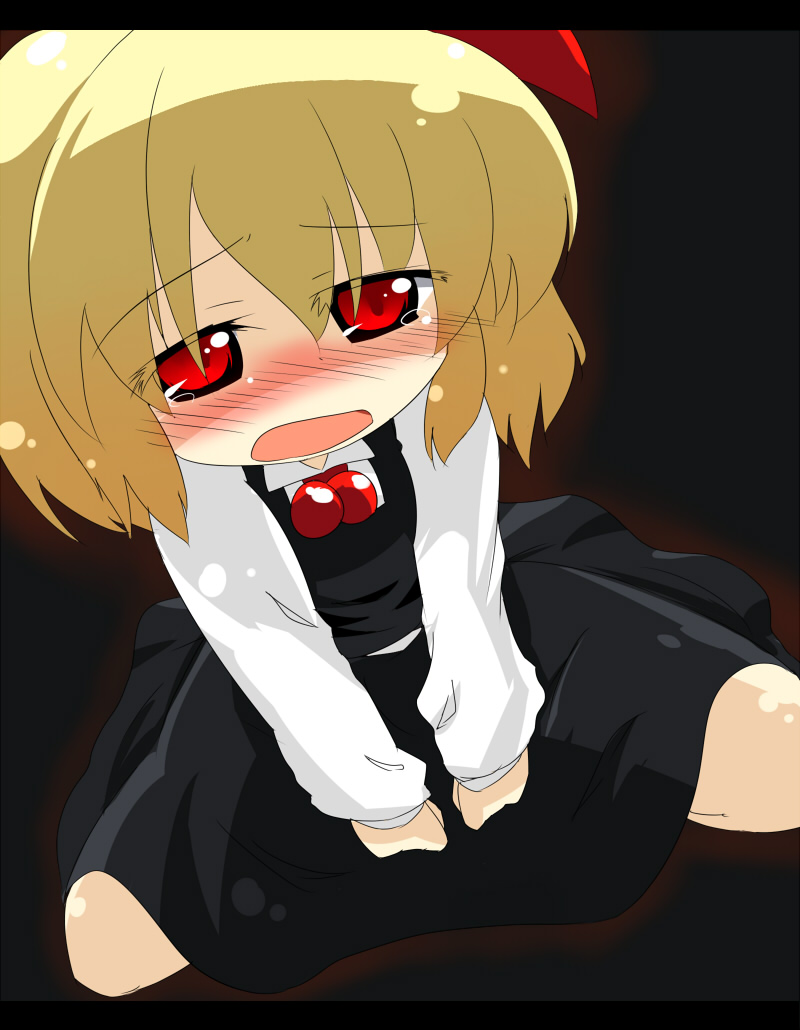oka (bananashoe), rumia, embodiment of scarlet devil, touhou, 1girl, black background, blonde hair, blush, female focus, kneeling, red eyes, ribbon, short hair, simple background, solo, tears