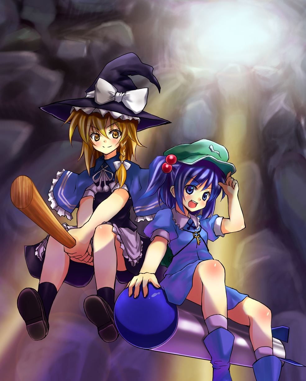 tsujigiri, kawashiro nitori, kirisame marisa, touhou, highres, 2girls, blonde hair, blue hair, broom, broom riding, female focus, hat, long hair, missile, multiple girls, ribbon, short hair, sidesaddle, two side up