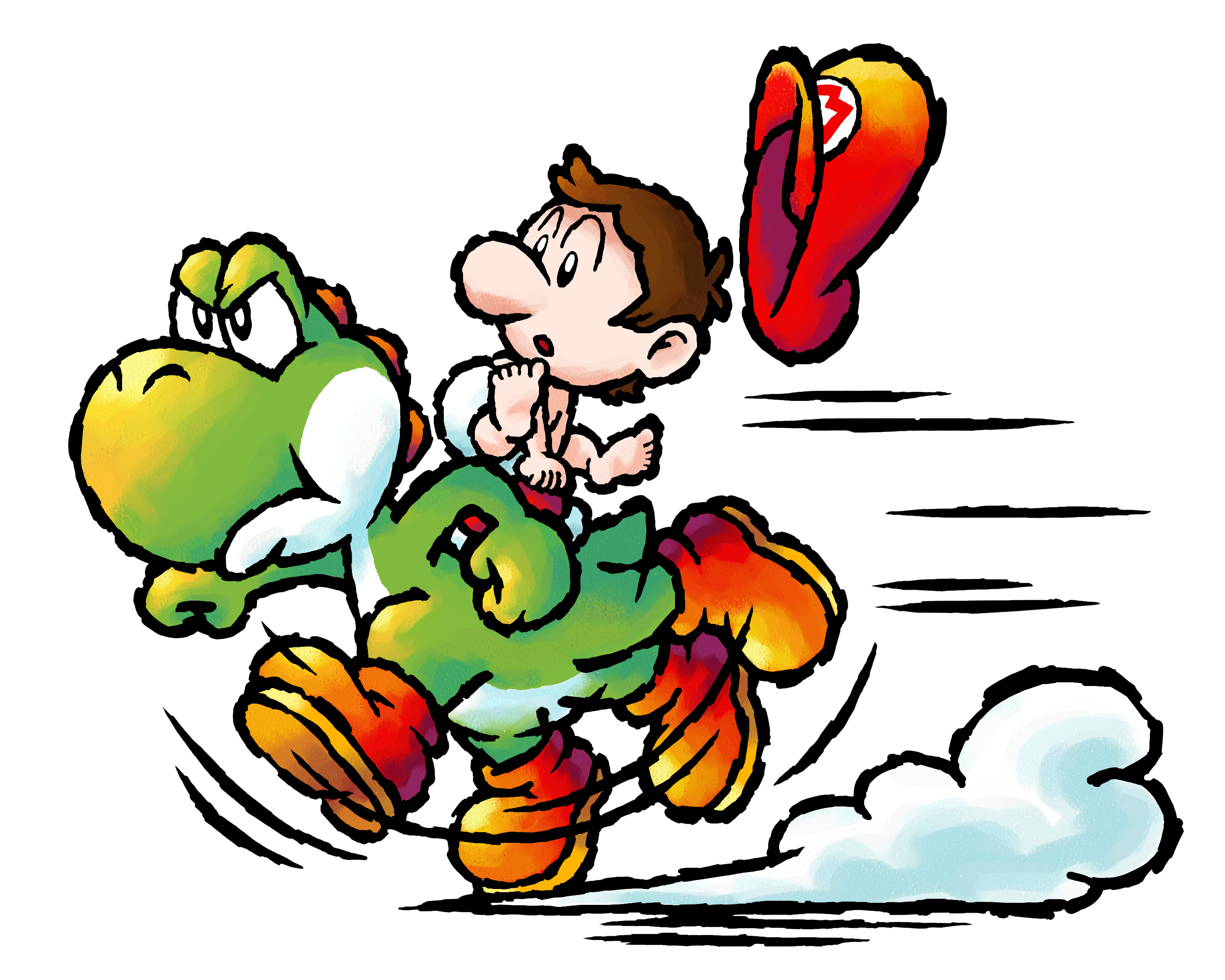 baby mario, mario, yoshi, mario (series), nintendo, yoshi's island ds, absurdres, highres, official art, third-party source, 2boys, afterimage, baby, boots, brown boots, brown hair, colored skin, diaper, green skin, green yoshi, hat, multiple boys, red hat, short hair, simple background, white background