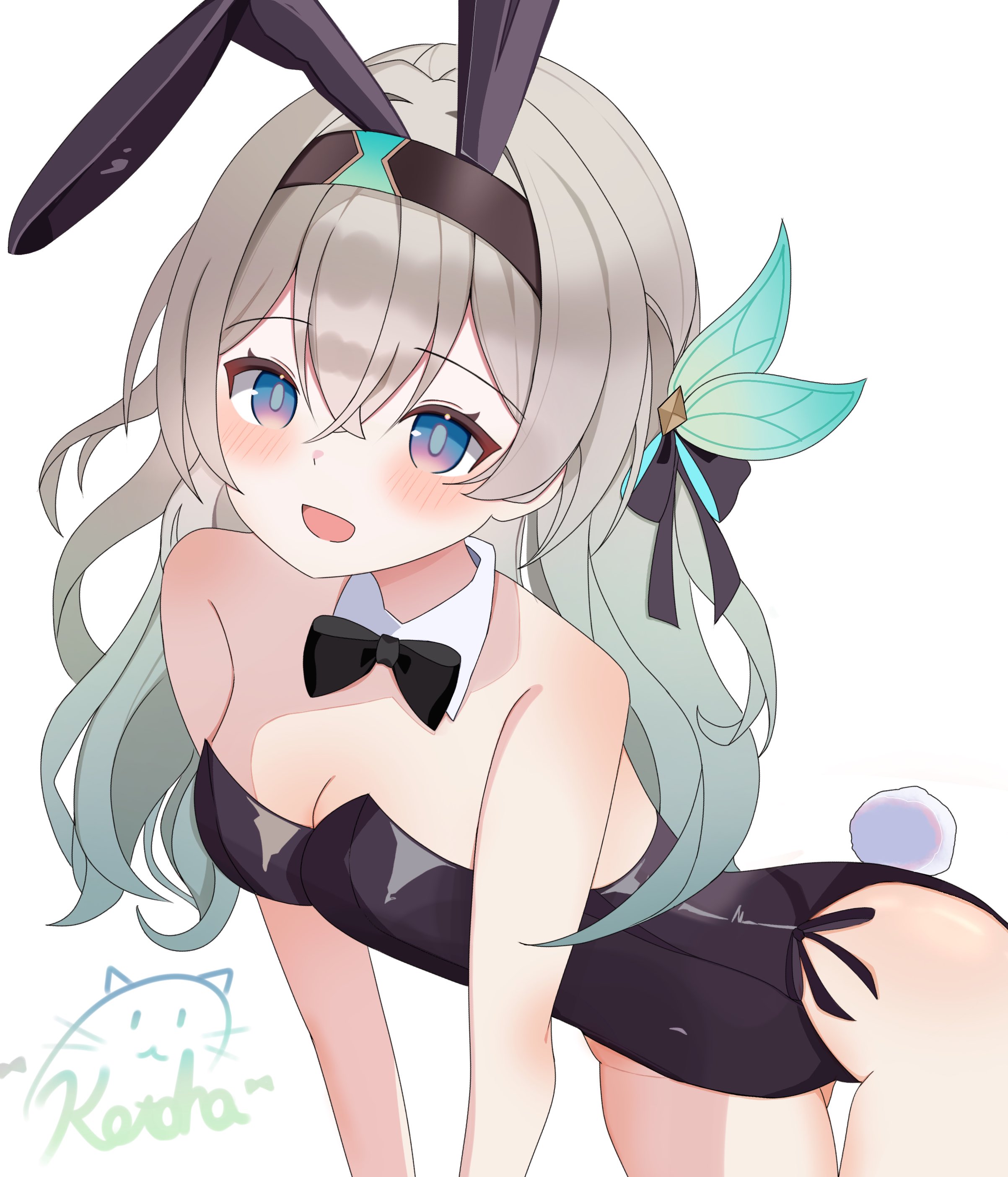 kotohaneko 0307, firefly (honkai: star rail), honkai: star rail, honkai (series), absurdres, commentary request, highres, 1girl, all fours, alternate costume, animal ear hairband, animal ears, aqua hair, bare shoulders, black bow, black bowtie, black hairband, black leotard, blush, bow, bowtie, breasts, cleavage, collar, detached collar, fake animal ears, fake tail, gradient hair, grey hair, hair between eyes, hairband, leotard, long hair, looking at viewer, medium breasts, multicolored hair, open mouth, playboy bunny, purple eyes, rabbit ears, rabbit tail, signature, solo, strapless, strapless leotard, tail, very long hair, white collar