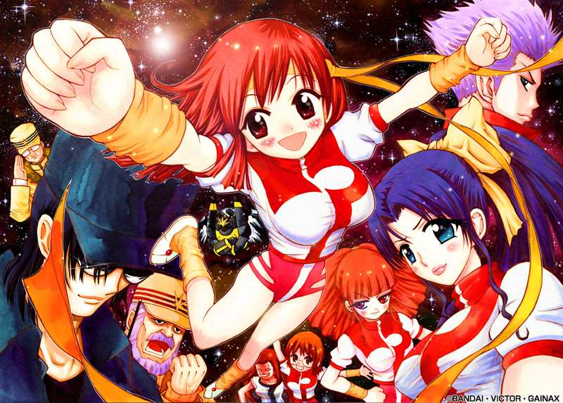 amano kazumi, gunbuster, higuchi kimiko, jung freud, kashihara reiko, koichiro ohta, oota kouichirou, smith toren, takaya noriko, tashiro tatsumi, top wo nerae!, top wo nerae! (series), official art, 4boys, 5girls, blue eyes, blue hair, bodysuit, bow, breasts, brown eyes, brown hair, clenched hand, clenched hands, gainaxtop, hat, headband, leg warmers, mecha, military, military uniform, multiple boys, multiple girls, ponytail, red eyes, red hair, robot, smile, sunglasses, wristband, xo, yellow bow