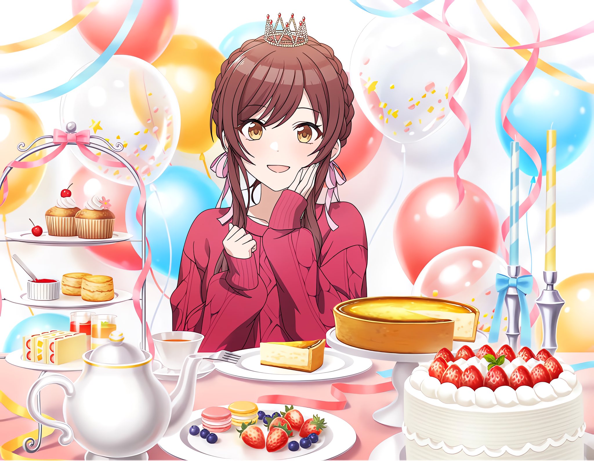 osaki amana, idolmaster, idolmaster shiny colors, highres, official art, 1girl, balloon, blueberry, blush, braid, cake, cake slice, candle, cheesecake, cherry, crown, crown braid, cup, cupcake, dessert, food, fork, fruit, fruit sandwich, hair bun, hair ribbon, hand on own cheek, hand on own face, hand up, long hair, long sleeves, macaron, mini crown, official alternate hairstyle, open mouth, pastry, plate, red hair, red sweater, ribbed sweater, ribbon, sandwich, saucer, scone, sleeves past wrists, smile, solo, strawberry, strawberry sandwich, strawberry shortcake, sweater, swept bangs, table, tablecloth, tea, tea set, teacup, teapot, tiered tray, tray, upper body, yellow eyes