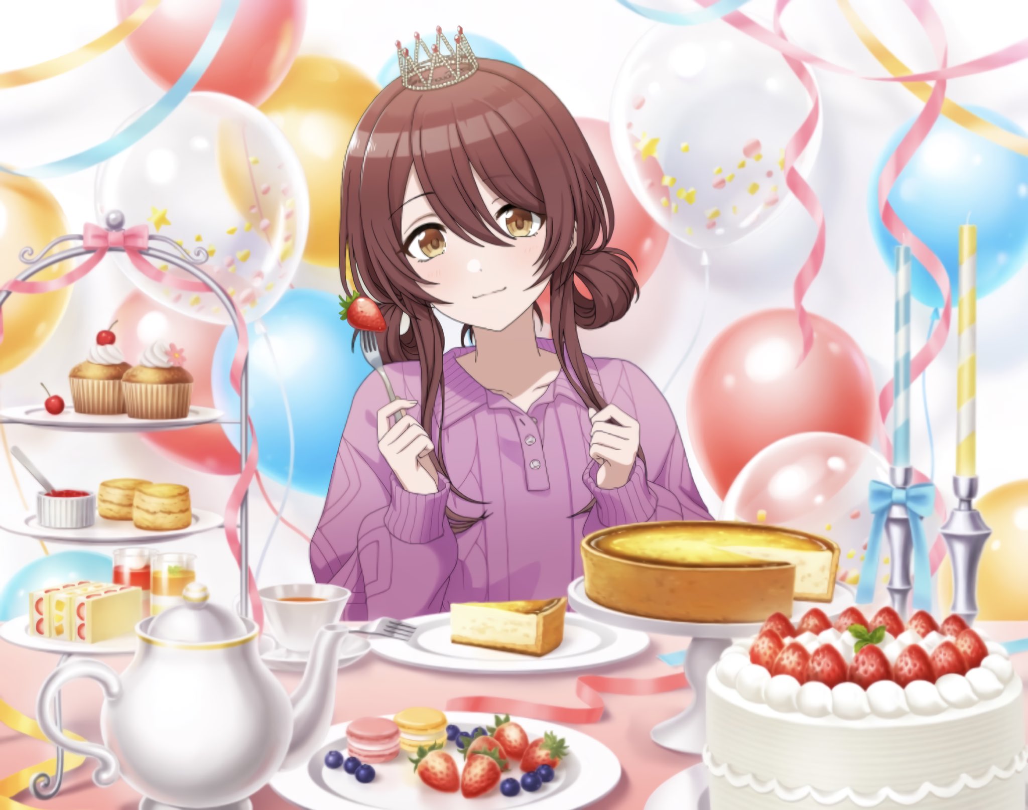 osaki tenka, idolmaster, idolmaster shiny colors, highres, official art, 1girl, balloon, blueberry, blush, cake, cake slice, candle, cheesecake, cherry, closed mouth, crown, cup, cupcake, dessert, food, fork, fruit, fruit sandwich, hair between eyes, hair rings, holding, holding fork, long hair, long sleeves, macaron, mini crown, official alternate hairstyle, pastry, pink sweater, plate, red hair, ribbed sweater, sandwich, saucer, scone, sleeves past wrists, smile, solo, strawberry, strawberry sandwich, strawberry shortcake, sweater, swept bangs, table, tablecloth, tea, tea set, teacup, teapot, tiered tray, tray, upper body, yellow eyes