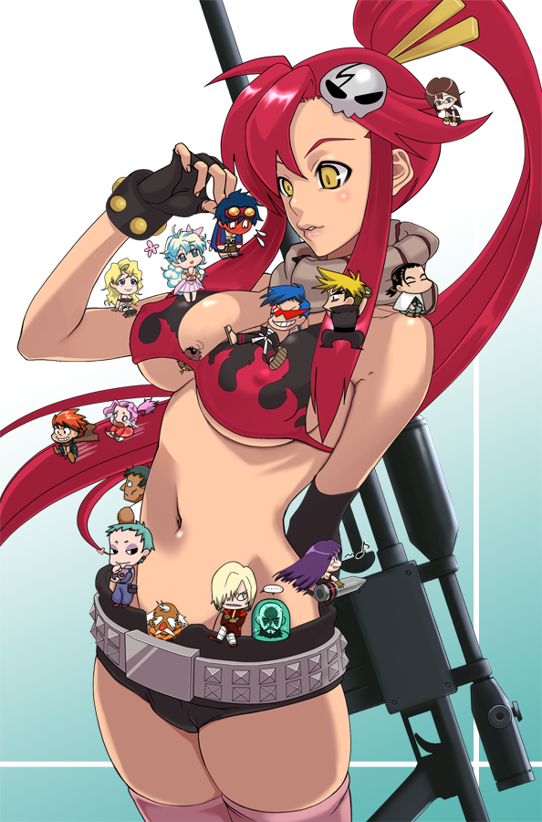 izumi (walnov), walnov, boota (ttgl), darry adai, dayakka, gimmy adai, kamina (ttgl), kinon bachika, kittan bachika, kiyal bachika, kiyoh bachika, leeron littner, lordgenome, nia teppelin, old coco, rossiu adai, simon (ttgl), viral (ttgl), yoko littner, tengen toppa gurren lagann, 00s, 6+boys, 6+girls, anti-materiel rifle, belt, bikini, bikini top only, breasts, chibi, everyone, fingerless gloves, gloves, gun, large breasts, long hair, midriff, multiple boys, multiple girls, navel, pink thighhighs, ponytail, red hair, rifle, scarf, short shorts, shorts, sniper rifle, studded belt, swimsuit, thighhighs, underboob, weapon, yellow eyes