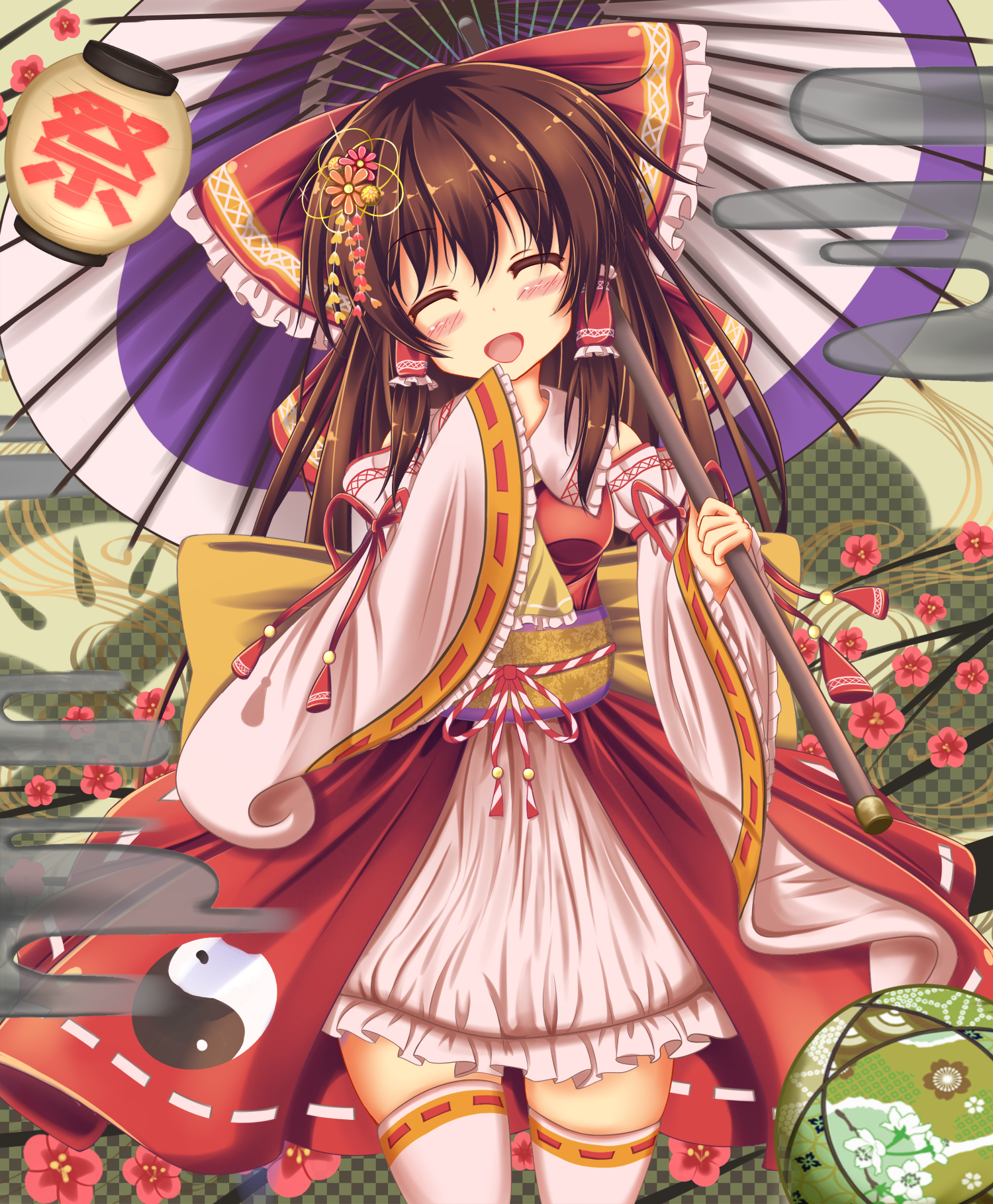 unory, hakurei reimu, touhou, commentary request, highres, 1girl, ^ ^, back bow, blush, bow, breasts, brown hair, closed eyes, detached sleeves, facing viewer, flower, frilled bow, frilled shirt collar, frills, hair bow, happy, holding, holding umbrella, lantern, large bow, layered skirt, long hair, long sleeves, medium breasts, obijime, oil-paper umbrella, open mouth, paper lantern, parasol, print skirt, red bow, red flower, red ribbon, red skirt, red vest, ribbon, ribbon-trimmed skirt, ribbon-trimmed sleeves, ribbon-trimmed thighhighs, ribbon trim, single sleeve past wrist, skirt, sleeve ribbon, smile, solo, standing, thighhighs, umbrella, vest, white skirt, white thighhighs, wide sleeves, yellow bow, yin yang, yin yang print