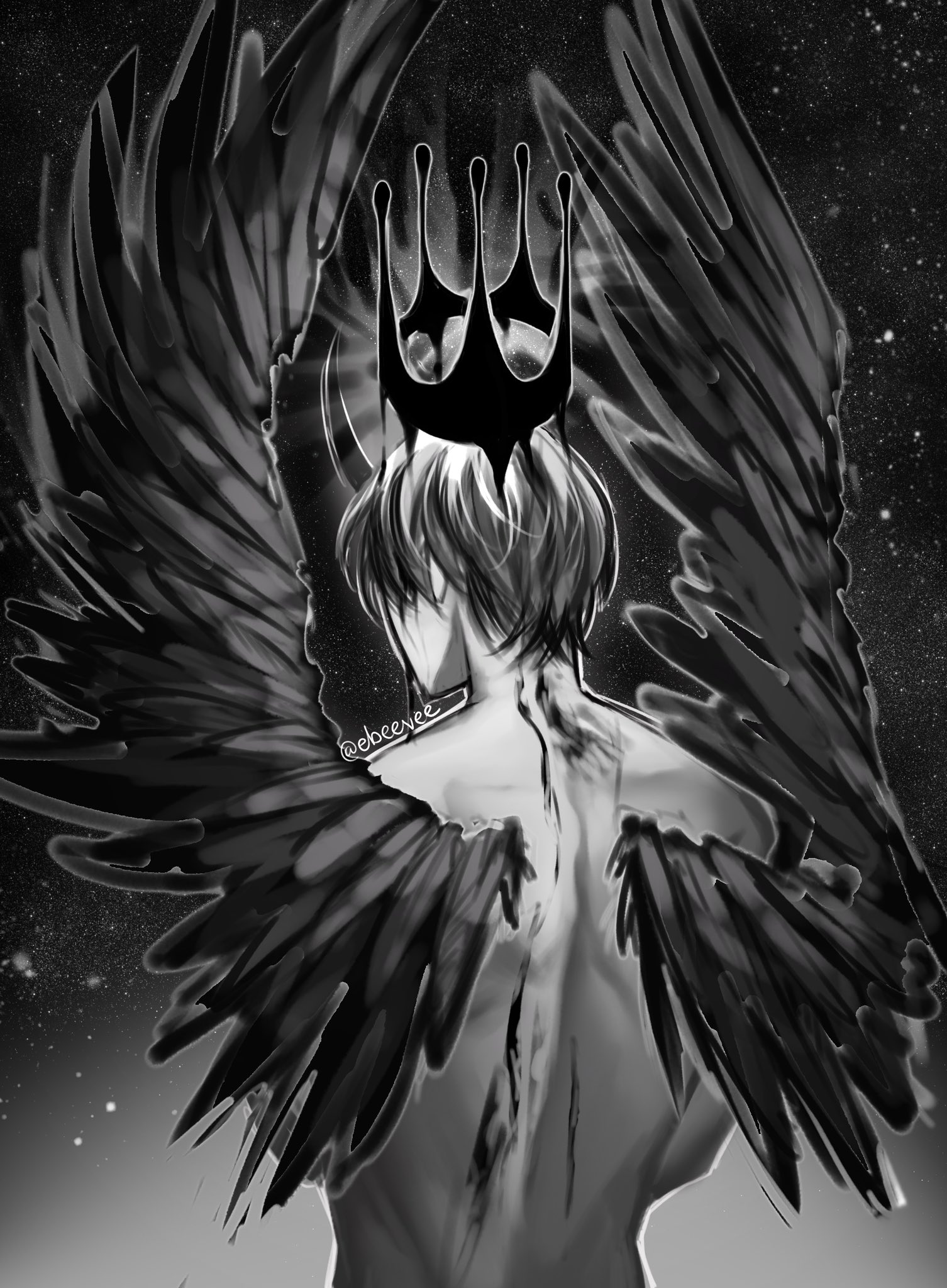 evie (baoxiao), kim dokja, omniscient reader's viewpoint, highres, 1boy, black hair, black wings, bleeding, blood, blood from neck, crown, demon horns, facing away, feathered wings, floating crown, from behind, greyscale, horns, male focus, monochrome, no shirt, official alternate costume, short hair, sky, solo, star (sky), starry sky, upper body, wings
