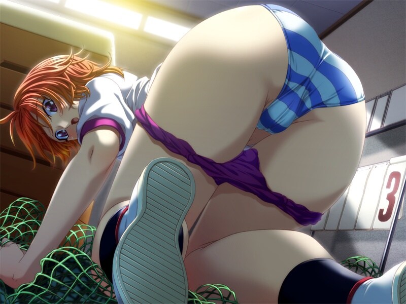 yoshii dan, senoo kazuna, kasou genjitsu, game cg, jpeg artifacts, 1girl, all fours, ass, bent over, blue eyes, blue panties, buruma, buruma pull, cameltoe, clothes pull, female focus, gym storeroom, gym uniform, indoors, looking back, open mouth, orange hair, panties, purple buruma, purple eyes, short hair, solo, striped clothes, striped panties, trefoil, underwear