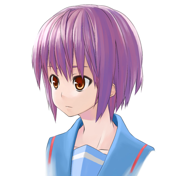 reki (tiny fin), nagato yuki, suzumiya haruhi no yuuutsu, 00s, 1girl, brown eyes, female focus, portrait, purple hair, school uniform, serafuku, short hair, simple background, solo, white background