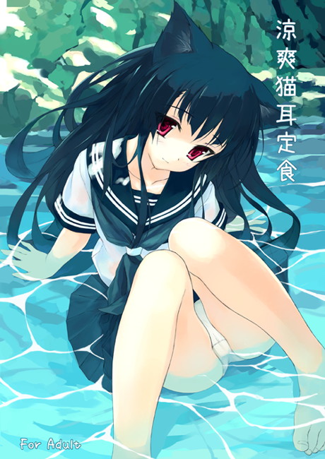 amami mikihiro, amamiya mikihiro, original, animal ears, barefoot, cat ears, panties, school uniform, serafuku, solo, underwear, water, white panties