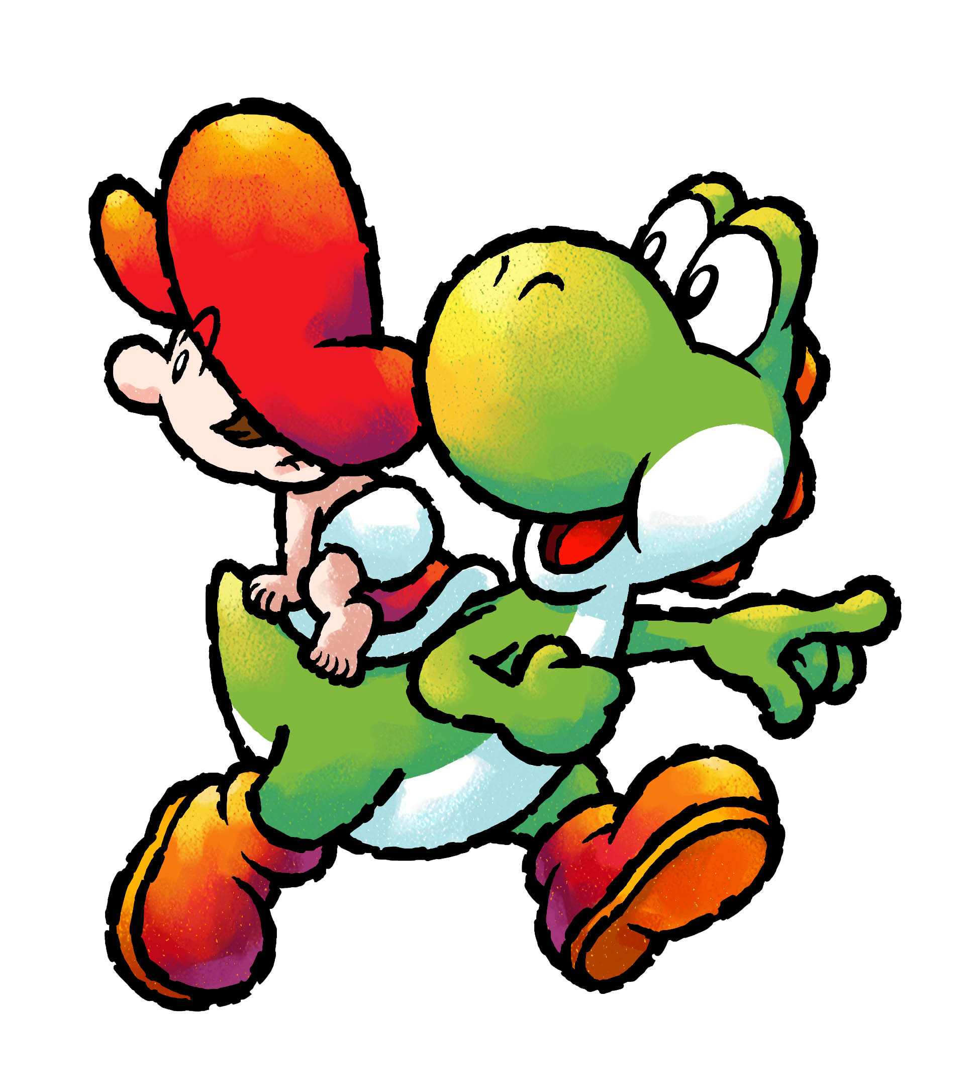 baby mario, mario, yoshi, mario (series), nintendo, yoshi's island ds, highres, official art, third-party source, 2boys, baby, boots, brown boots, brown hair, colored skin, diaper, green skin, green yoshi, hat, multiple boys, open mouth, pointing, red hat, short hair, simple background, white background