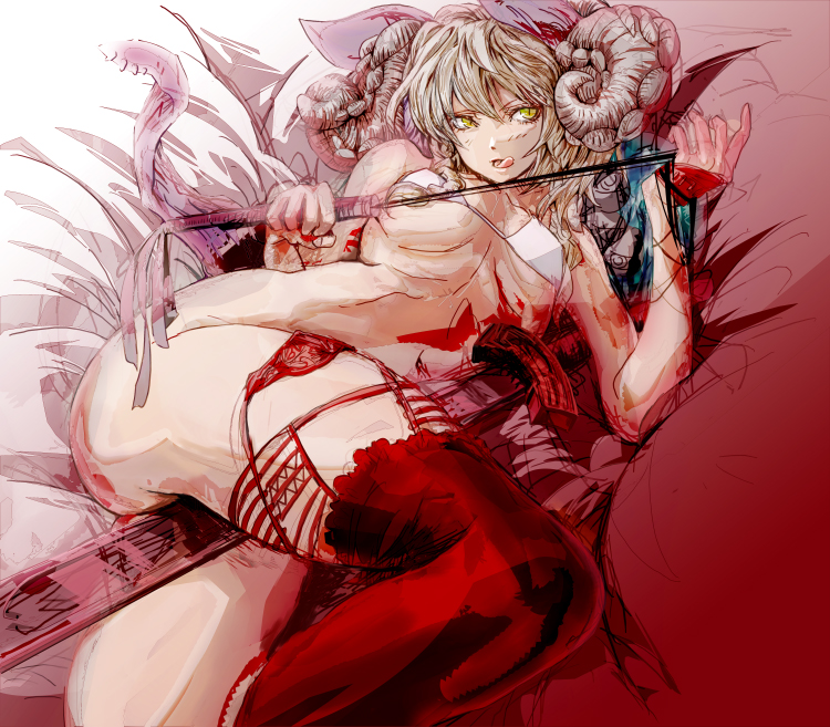 tanupo, animal ears, bikini, bikini top only, blood, demon girl, horns, lingerie, lying, red theme, solo, swimsuit, sword, thighhighs, underwear, weapon
