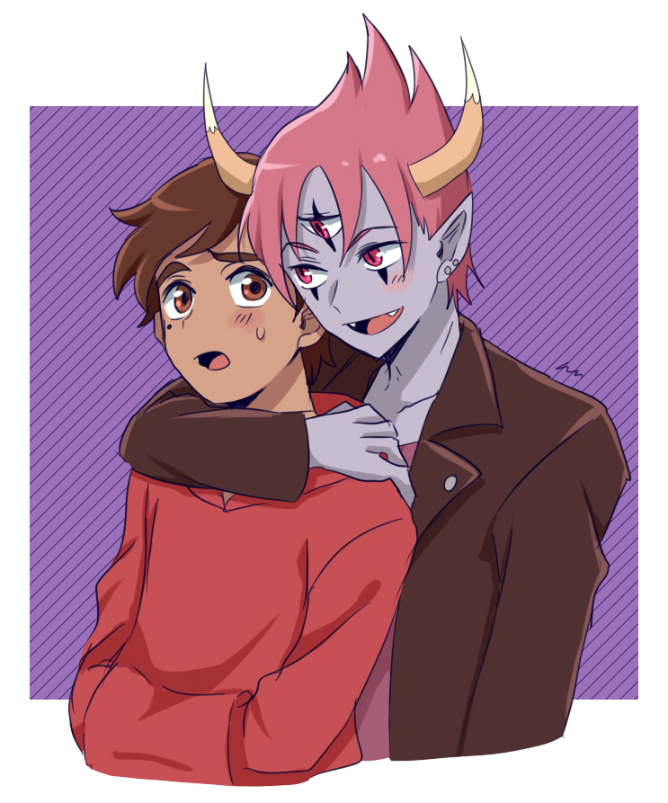 nuntaso, marco diaz, tom lucitor, star vs the forces of evil, 2boys, black eyeliner, brown hair, colored skin, demon boy, eyeliner, facial mark, fangs, hood, hoodie, horns, makeup, mole, mole under eye, monster boy, multiple boys, open mouth, purple skin, smile