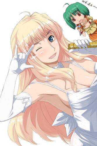 imo works, ranka lee, sheryl nome, macross, macross frontier, lowres, 2girls, m/, breasts, cleavage, elbow gloves, gloves, multiple girls, parody, seikan hikou