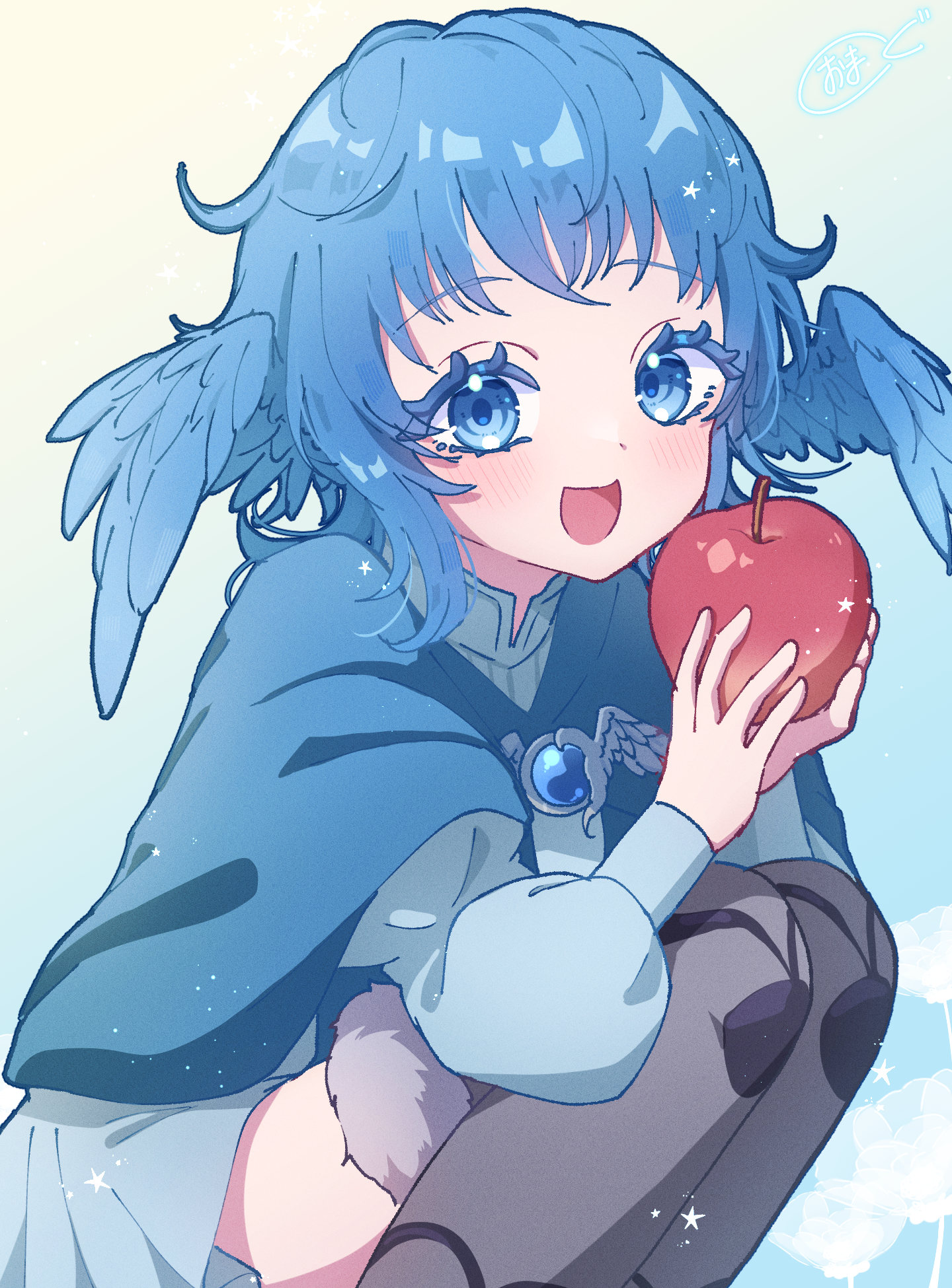 omg3939, meteion, final fantasy, final fantasy xiv, highres, 1girl, :d, apple, bird girl, blue hair, blue wings, blush, colored eyelashes, feathered wings, food, fruit, head wings, holding, holding food, holding fruit, looking at viewer, medium hair, open mouth, smile, solo, squatting, wings