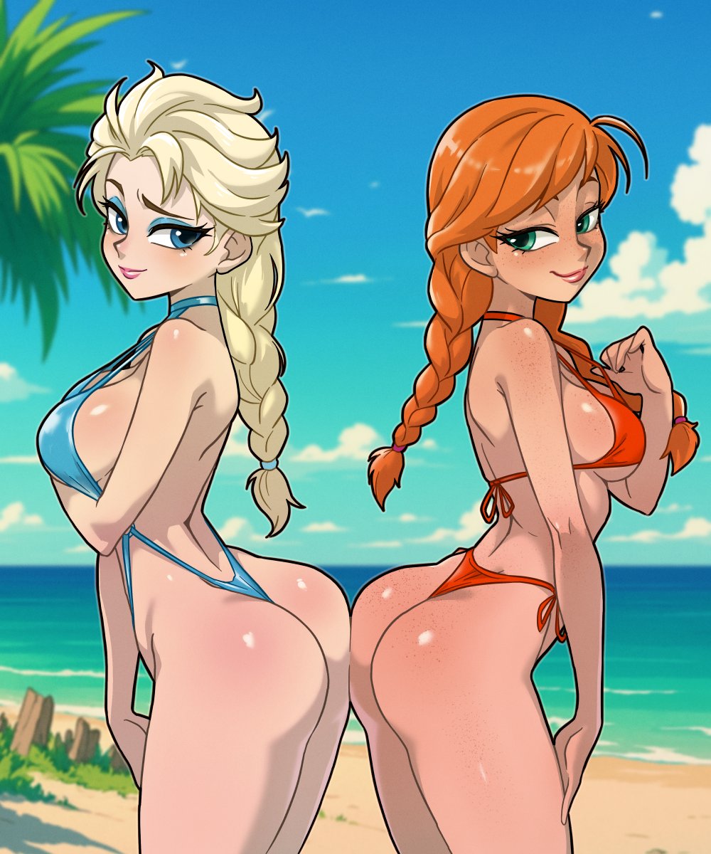 ta-na (tana351), anna (frozen), elsa (frozen), frozen (disney), highres, 2girls, ass, ass-to-ass, ass press, beach, bikini, blonde hair, blue eyes, breasts, freckles, green eyes, long hair, medium breasts, multiple girls, orange bikini, orange hair, siblings, sisters, smile, swimsuit, thighs
