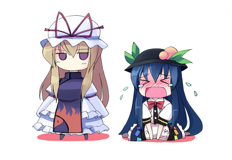 seo tatsuya, hinanawi tenshi, yakumo yukari, touhou, > <, 2girls, blonde hair, blue hair, blush, chibi, closed eyes, expressionless, female focus, full-face blush, hat, hat ribbon, jitome, long sleeves, looking at viewer, mob cap, multiple girls, purple eyes, ribbon, seiza, sidelocks, sitting, standing, tabard, tears, white background, wince, yin yang