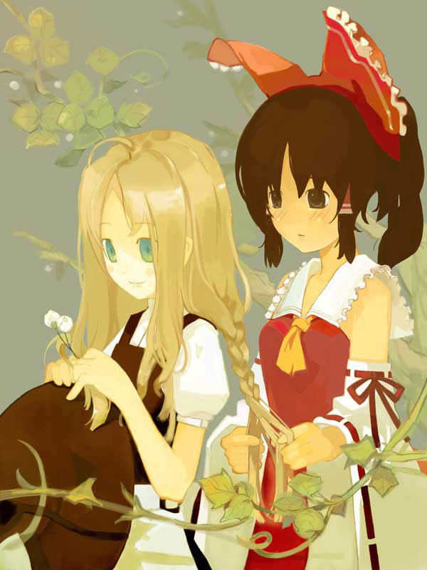 shirohanamame taichou, hakurei reimu, kirisame marisa, touhou, flower request, 2girls, ahoge, blonde hair, blush, braid, female focus, flower, hair down, hairdressing, hat, holding, holding unworn hat, ivy, multiple girls, ponytail, shirohanamametaichou, smile, unworn hat, unworn headwear