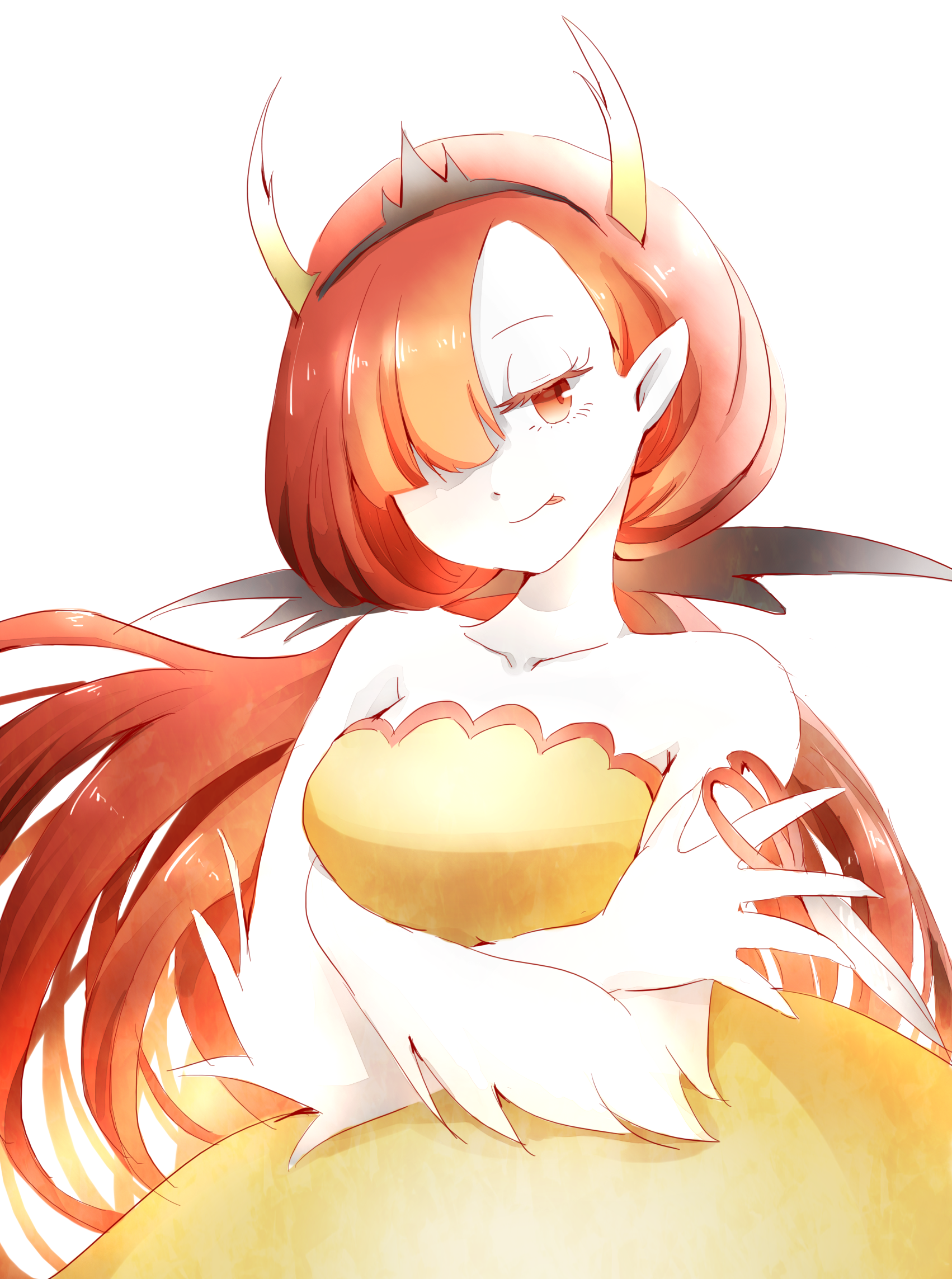 kopunko, hekapoo, star vs the forces of evil, highres, 1girl, bare shoulders, black tiara, colored skin, dress, hair over one eye, horns, long hair, pointy ears, red hair, smile, solo, spiked arm, tiara, yellow dress