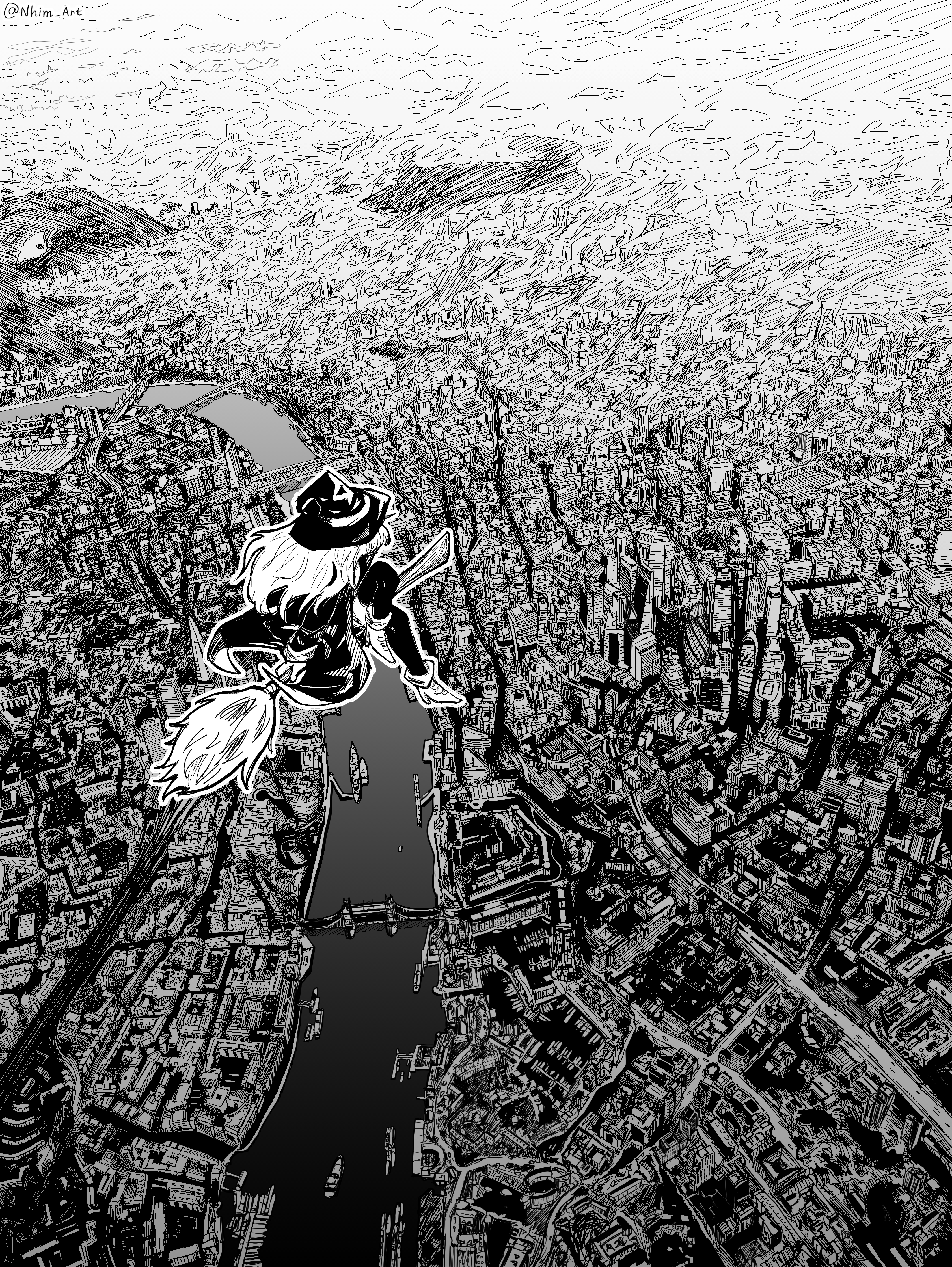 nhim, original, absurdres, highres, 1girl, artist name, boat, boots, bridge, broom, cityscape, flying, from above, greyscale, hat, high heel boots, high heels, hill, long hair, monochrome, pond, river, road, scenery, sidesaddle, street, watercraft, witch, witch hat