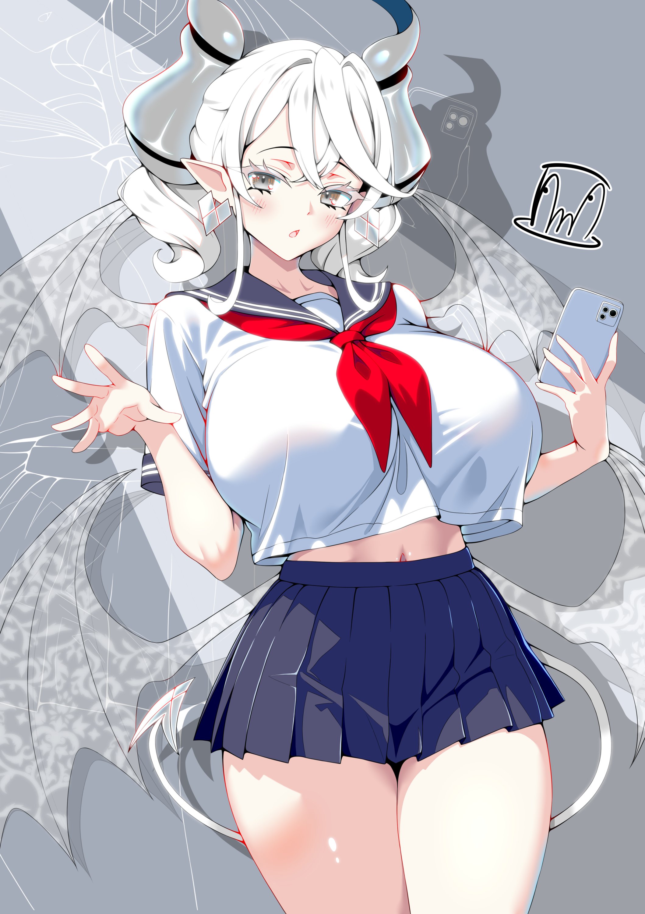tama amata, lovely labrynth of the silver castle, yu-gi-oh!, absurdres, highres, 1girl, blue sailor collar, blue skirt, breasts, cellphone, colored eyelashes, demon girl, demon horns, demon wings, duel monster, earrings, grey eyes, grey hair, holding, holding phone, horns, huge breasts, jewelry, midriff peek, navel, neckerchief, open hand, open mouth, phone, pleated skirt, pointy ears, red neckerchief, sailor collar, school uniform, serafuku, shirt overhang, skirt, smartphone, spread fingers, wings