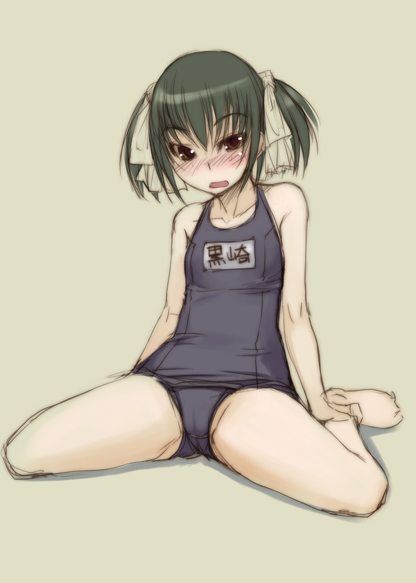 bosshi, yu (bosshi), original, 1girl, barefoot, blush, cameltoe, female focus, loli, one-piece swimsuit, partially visible vulva, school swimsuit, simple background, sketch, solo, swimsuit, twintails