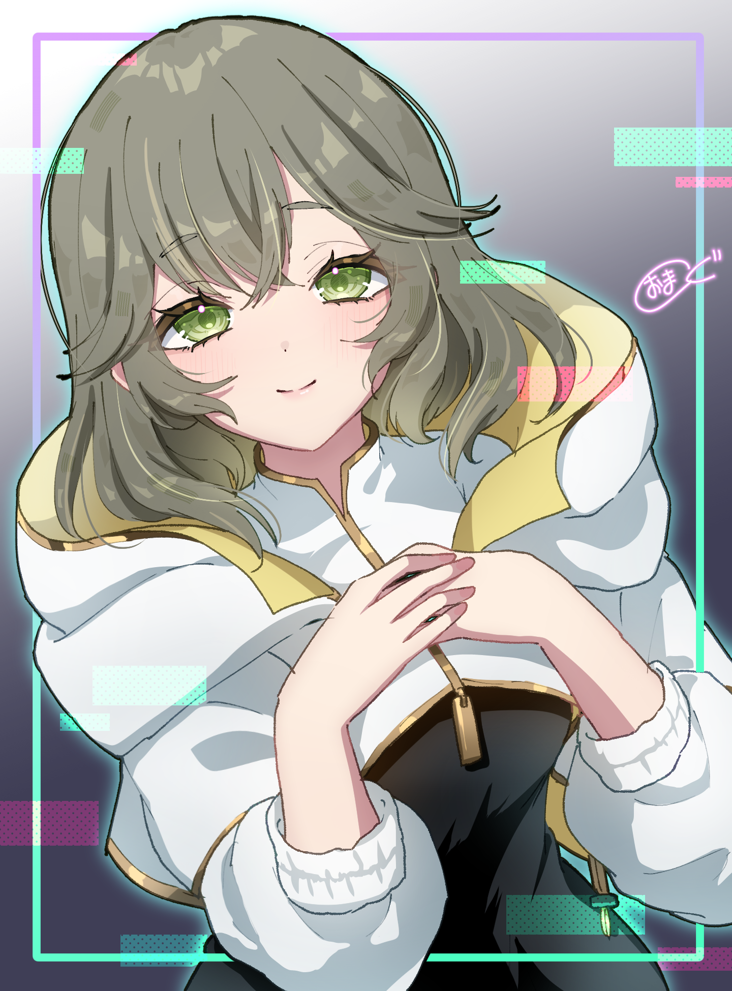 omg3939, sphene (ff14), final fantasy, final fantasy xiv, highres, 1girl, black shirt, cropped jacket, crossed bangs, green eyes, green hair, hands on own chest, hood, hooded jacket, jacket, light blush, looking at viewer, medium hair, outside border, shirt, smile, solo, upper body, white jacket
