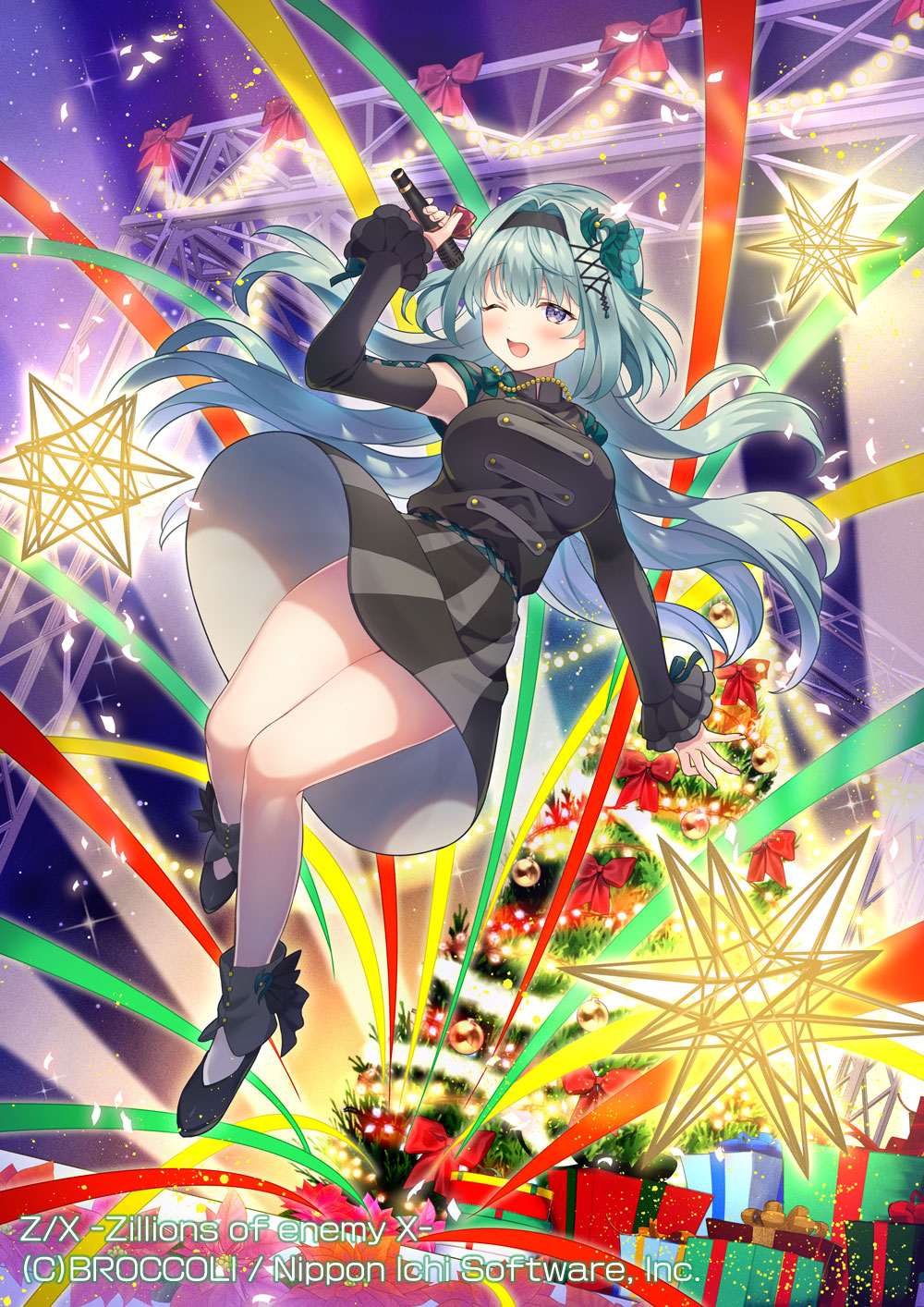 okanoyuno, enju (z/x), z/x, highres, official art, 1girl, black dress, black shoes, box, christmas tree, confetti, copyright notice, detached sleeves, dress, floating hair, gift, gift box, green hair, hair ornament, holding, holding microphone, long hair, microphone, one eye closed, open mouth, purple eyes, shoes, solo, sparkle
