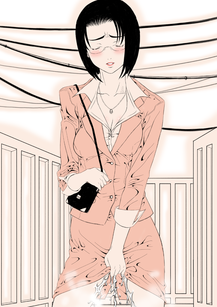 gusu, original, 1girl, bag, black hair, blush, female focus, formal clothes, glasses, jacket, office lady, pee, peeing, peeing self, pencil skirt, pink theme, sepia, short hair, skirt, skirt suit, solo, suit