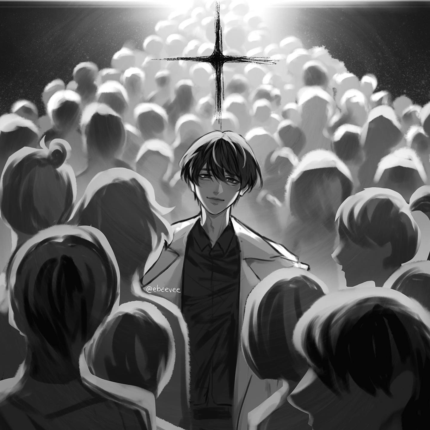 evie (baoxiao), kim dokja, omniscient reader's viewpoint, highres, 1boy, 6+others, black eyes, black hair, black shirt, coat, cowboy shot, faceless, greyscale, head tilt, looking at viewer, male focus, monochrome, multiple others, open clothes, open coat, people, shirt, short hair, sparkle, too many clones, white coat