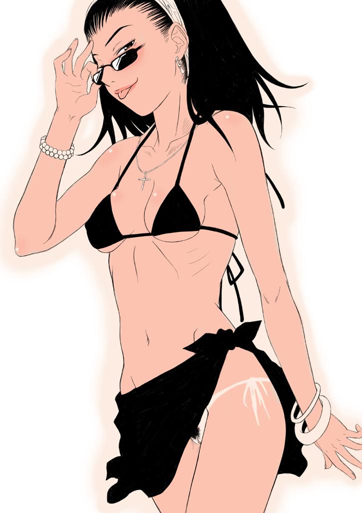 gusu, original, 1girl, :p, adjusting eyewear, bikini, bikini tan, bikini top only, black bikini, black hair, blush, bottomless, bracelet, breasts, cross, cross necklace, earrings, female focus, female pubic hair, jewelry, long hair, looking at viewer, naughty face, necklace, no panties, pink theme, pubic hair, pussy, ribs, sarong, sepia, simple background, small breasts, solo, sunglasses, swimsuit, tan, tanline, tongue, tongue out, uncensored, walking, white background
