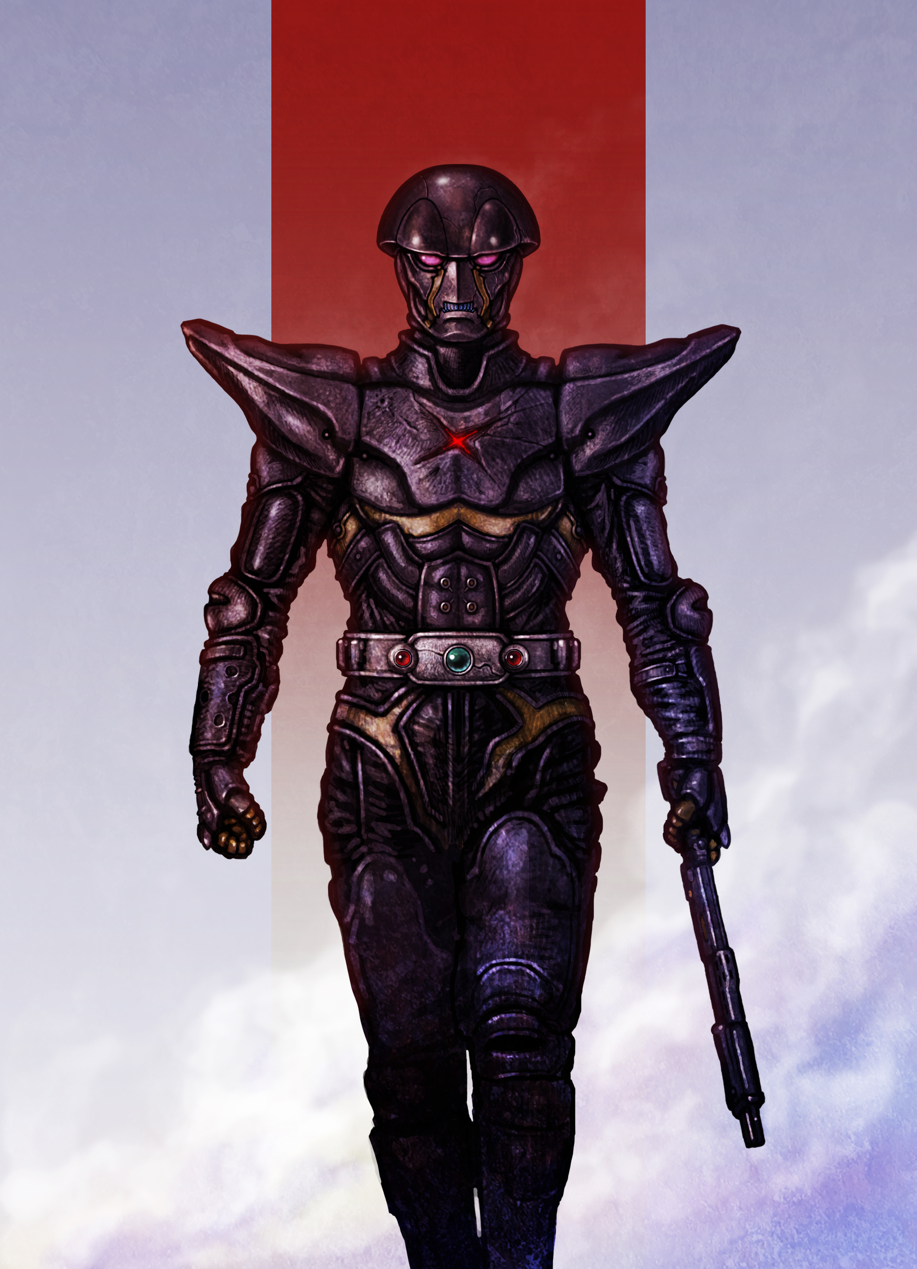 katou yuu, hakaider, jinzou ningen kikaider, kikaider (series), absurdres, highres, 1boy, armor, belt, boots, brain, compound eyes, cyborg, dome, exposed brain, gloves, glowing, glowing eyes, gun, helmet, holding, holding gun, holding weapon, looking at viewer, male focus, red eyes, robot, solo, standing, tokusatsu, weapon